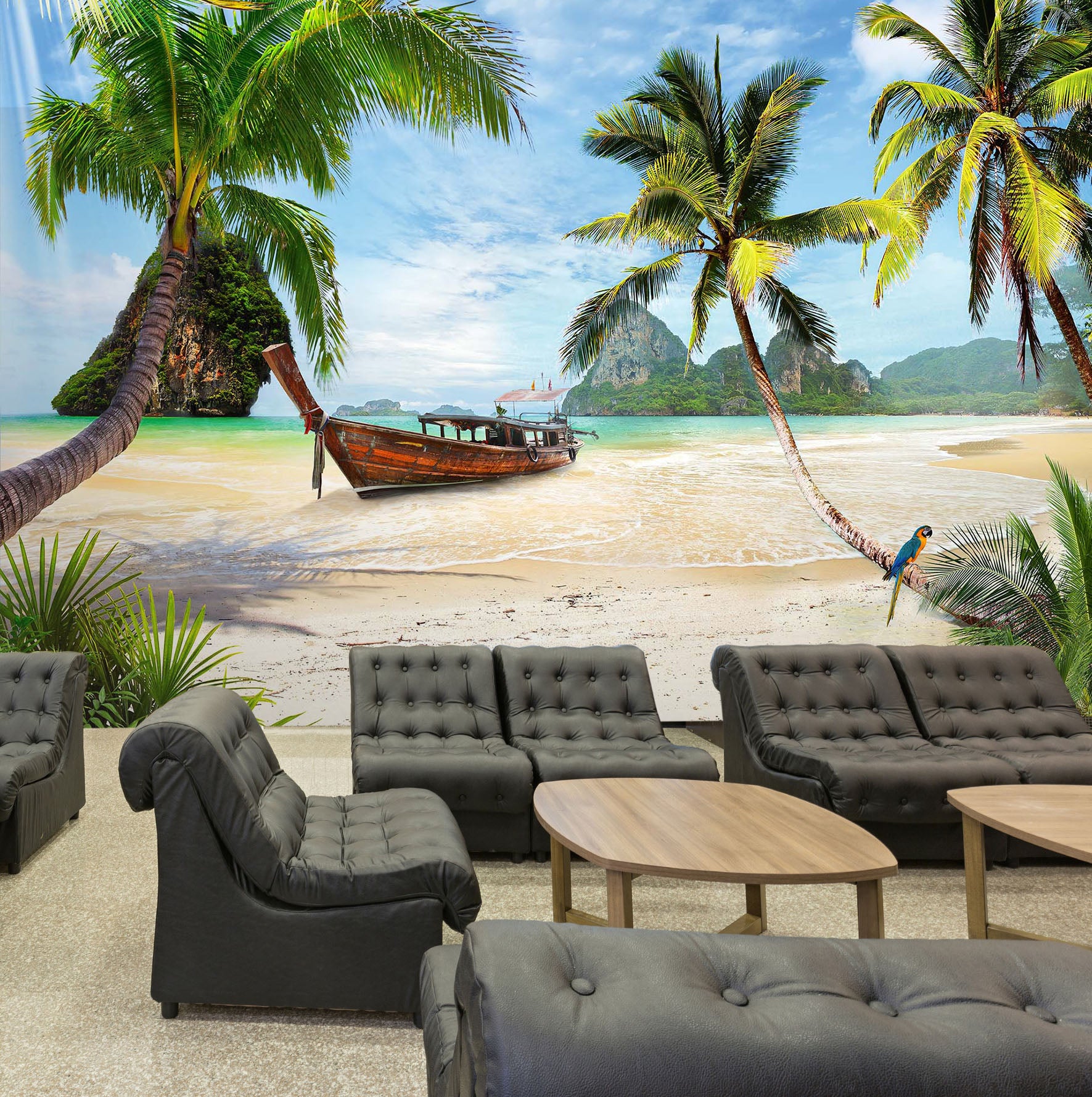 3D Sea Boat Tree 202 Wall Murals