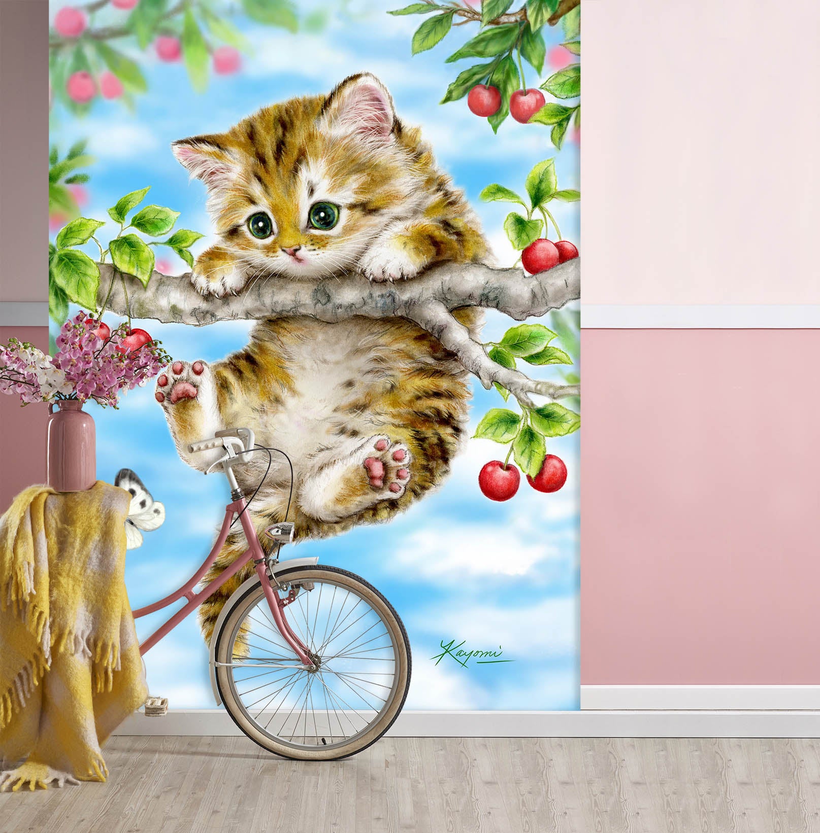3D Cherry Cat Butterfly 5556 Kayomi Harai Wall Mural Wall Murals