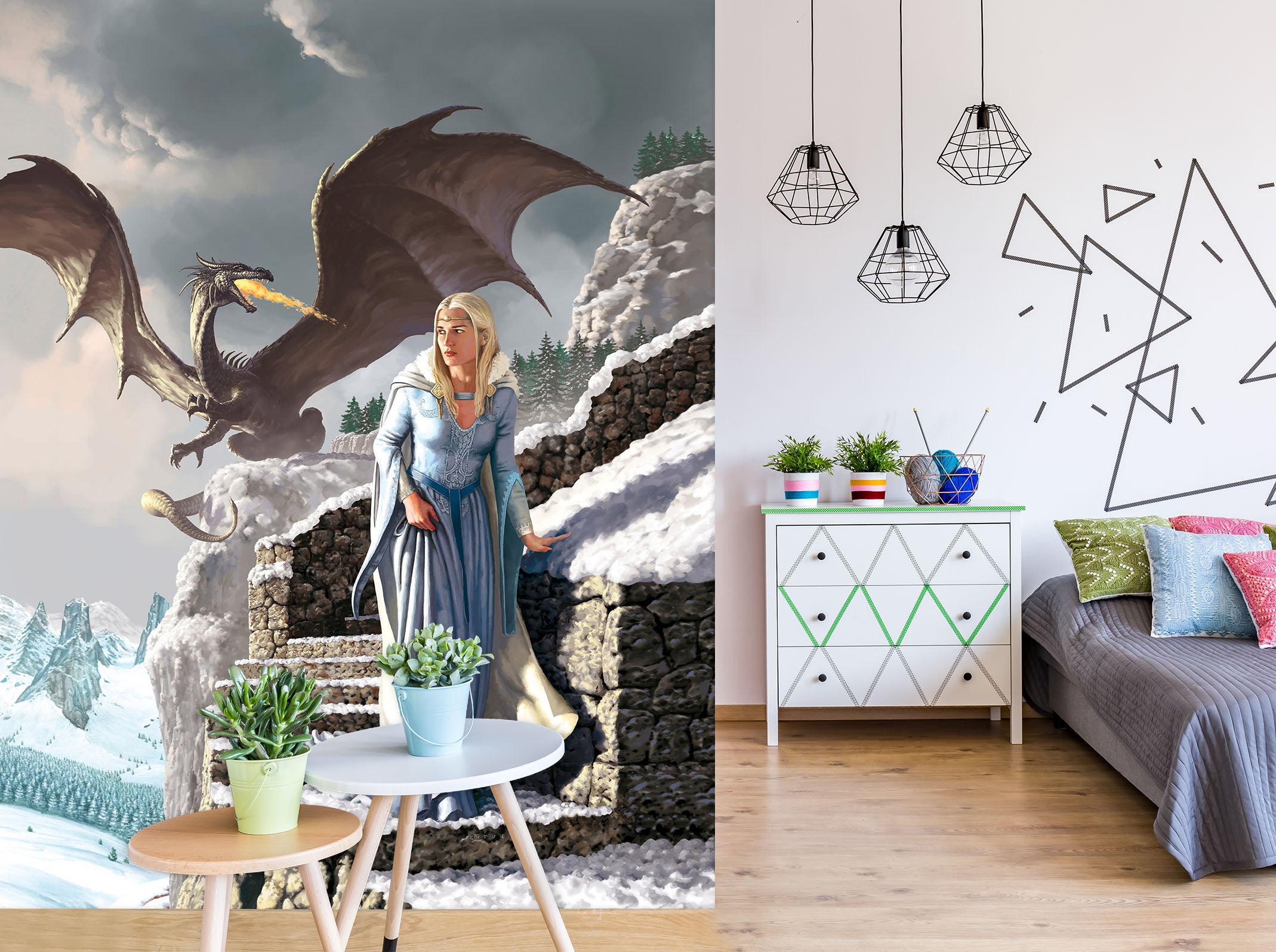 3D Fly Dragon Stone Stairs Woman 7120 Ciruelo Wall Mural Wall Murals