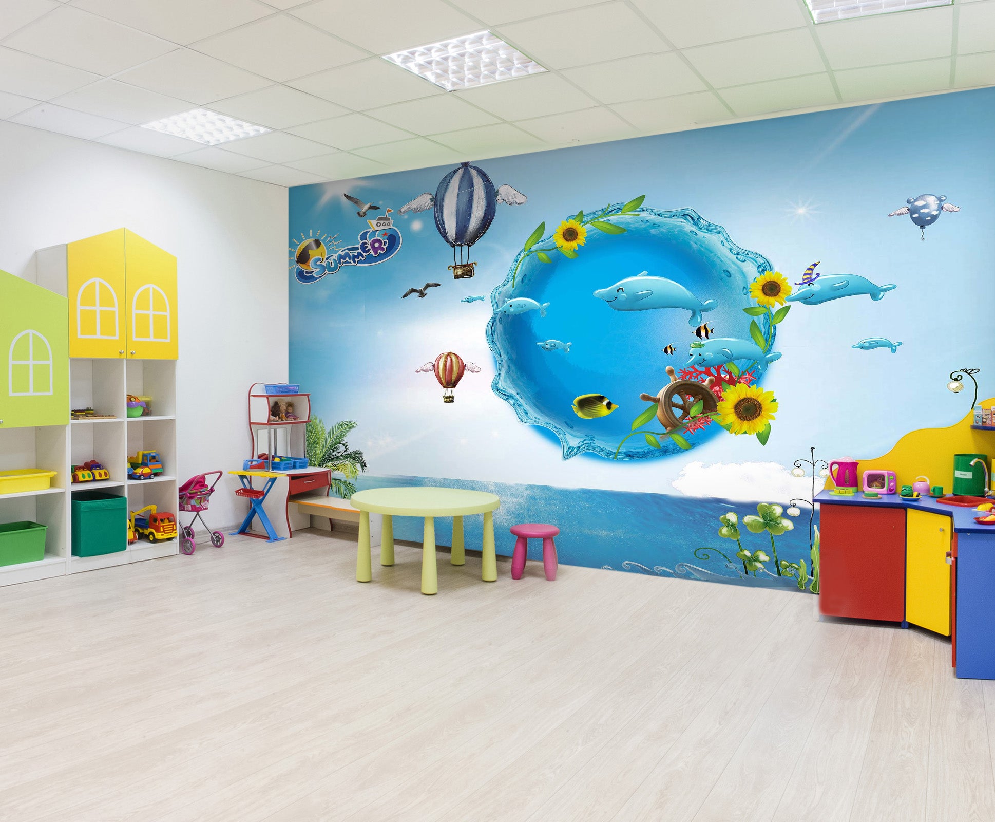 3D Dolphin Sunflower 014 Wall Murals Wallpaper AJ Wallpaper 2 