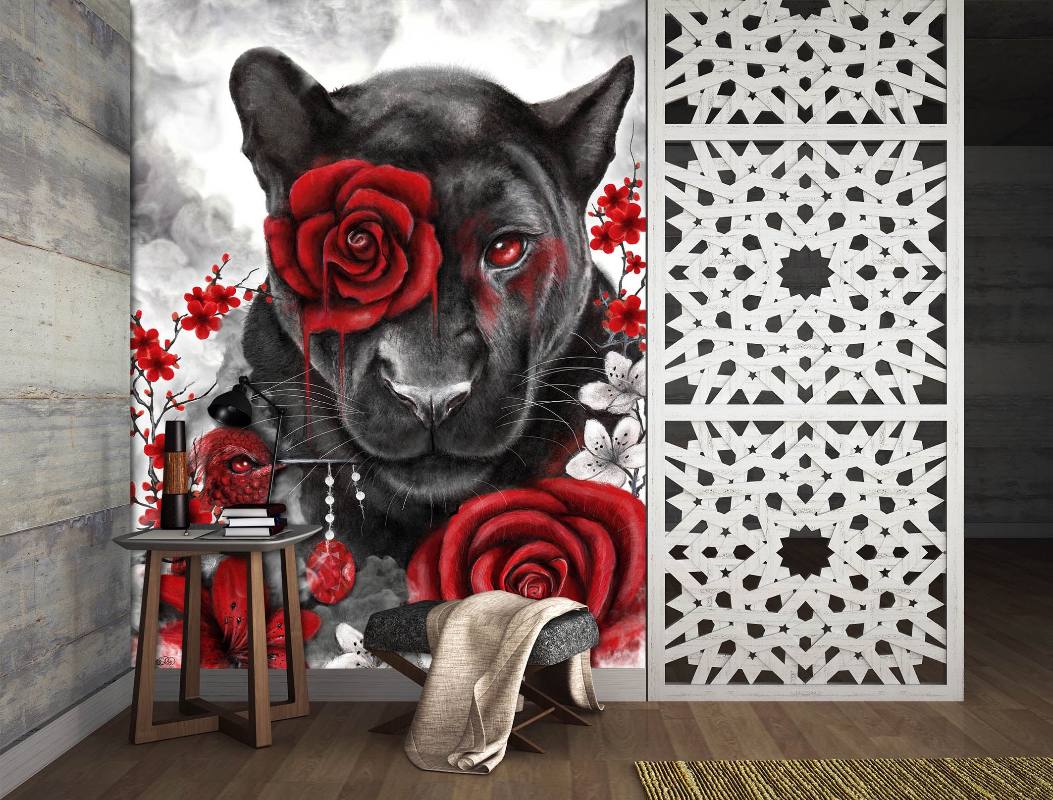 3D Red Rose Panther 8463 Sheena Pike Wall Mural Wall Murals