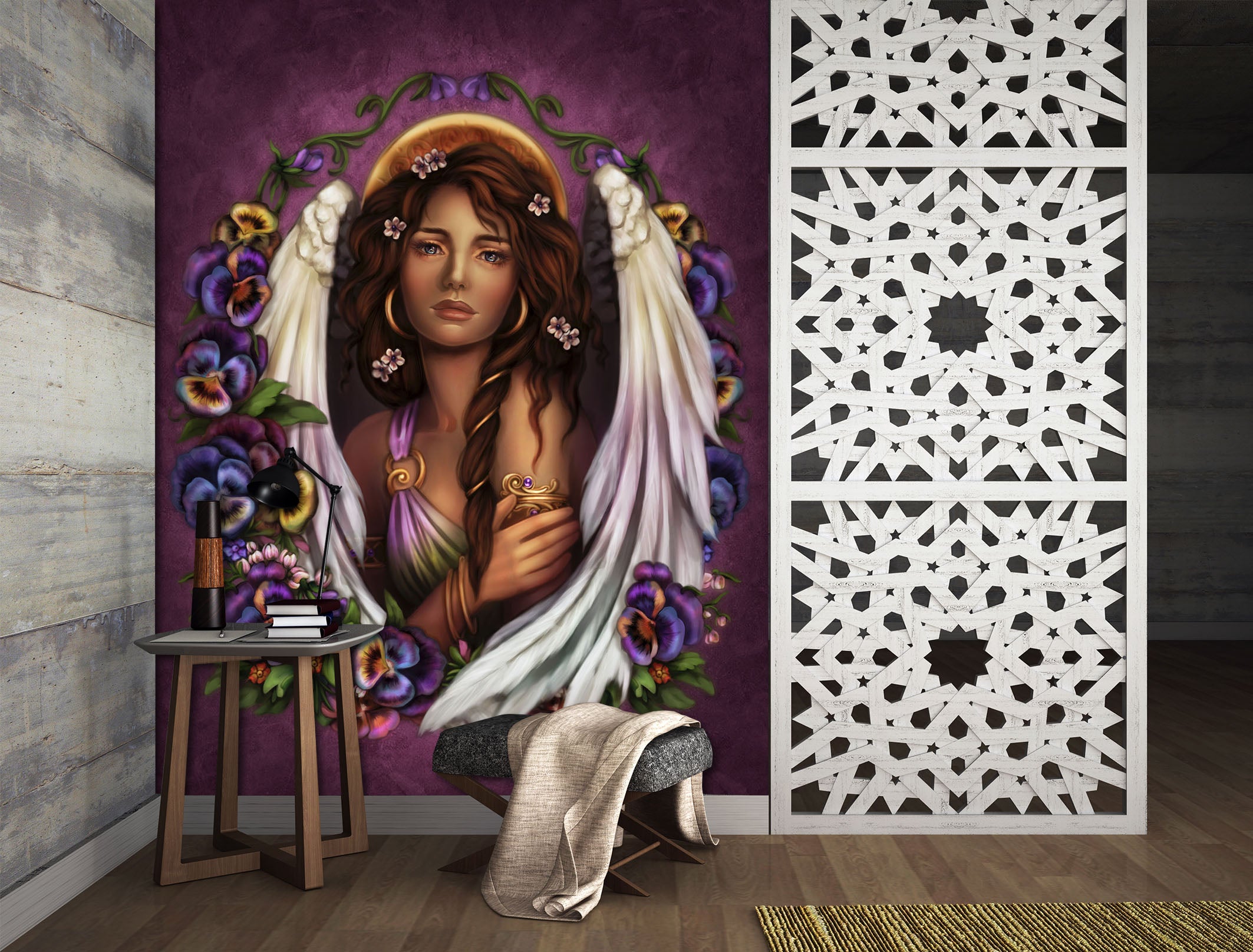 3D Purple Flower Angel 8795 Brigid Ashwood Wall Mural Wall Murals