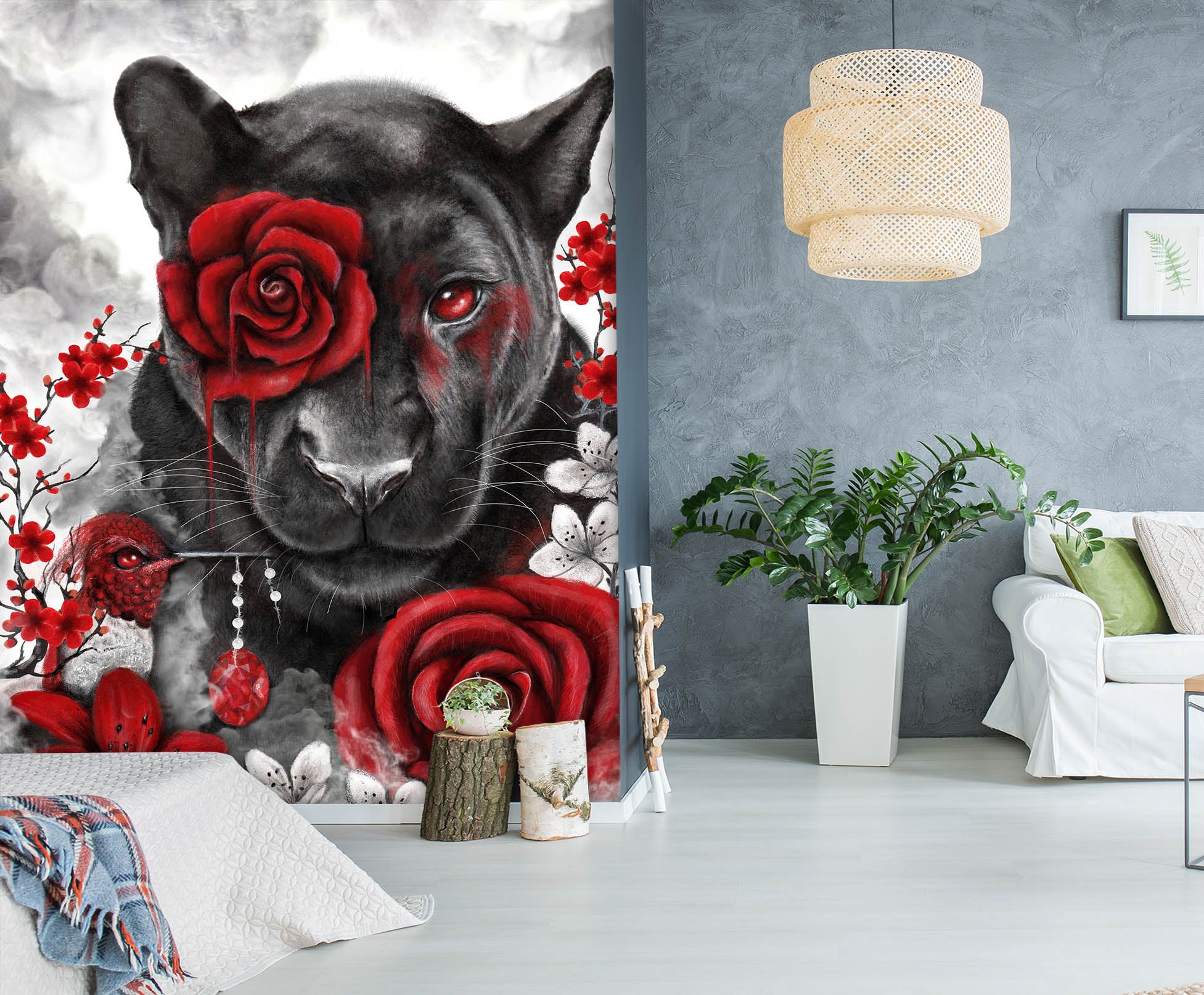 3D Red Rose Panther 8463 Sheena Pike Wall Mural Wall Murals