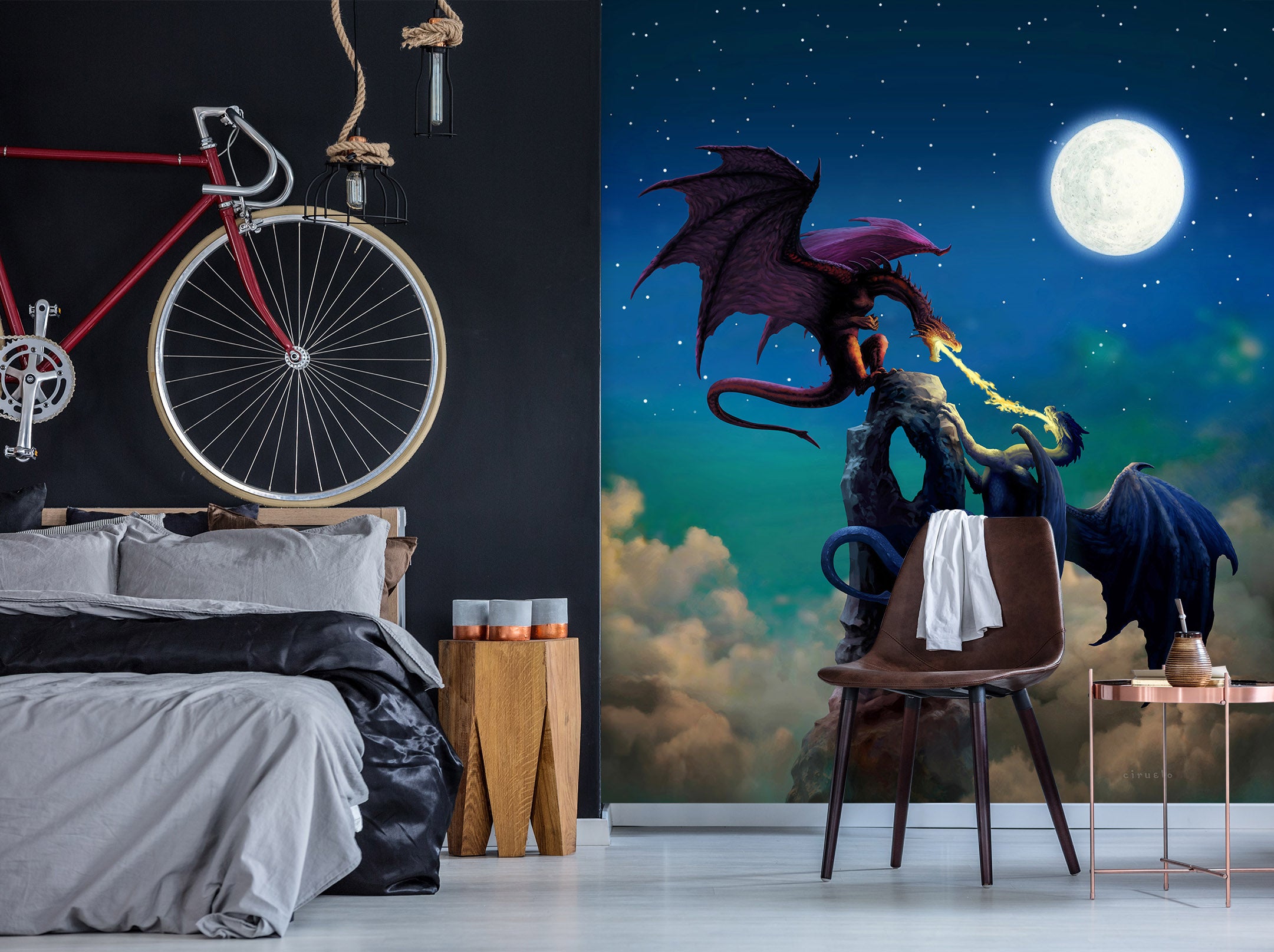 3D Night Moon Dragon 7148 Ciruelo Wall Mural Wall Murals
