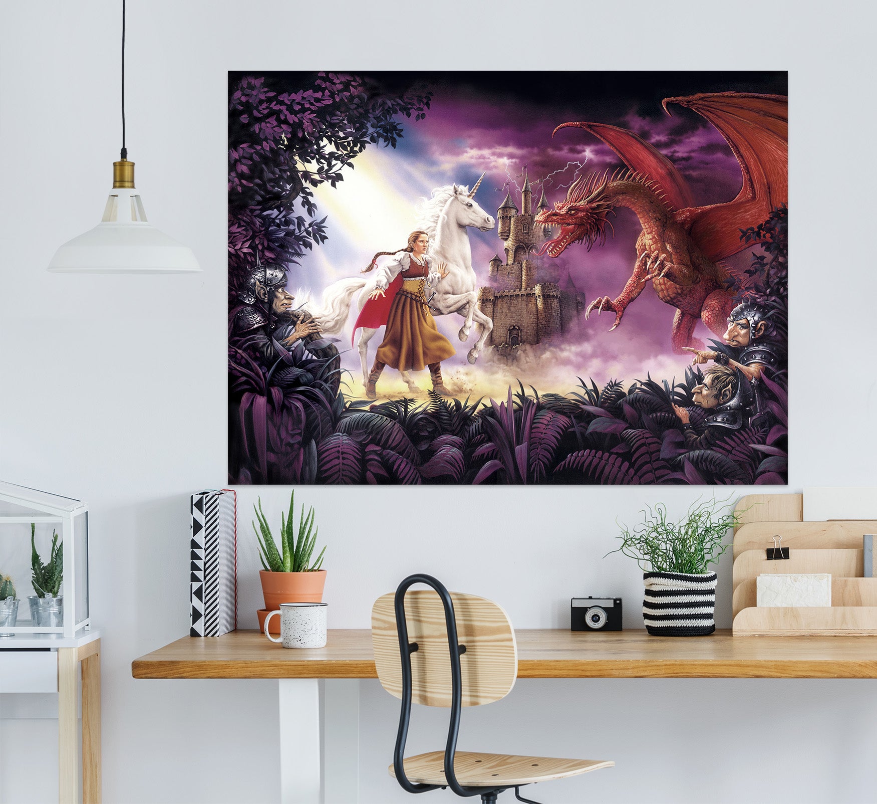 3D White Unicorn Red Dragon Castle 8037 Ciruelo Wall Sticker