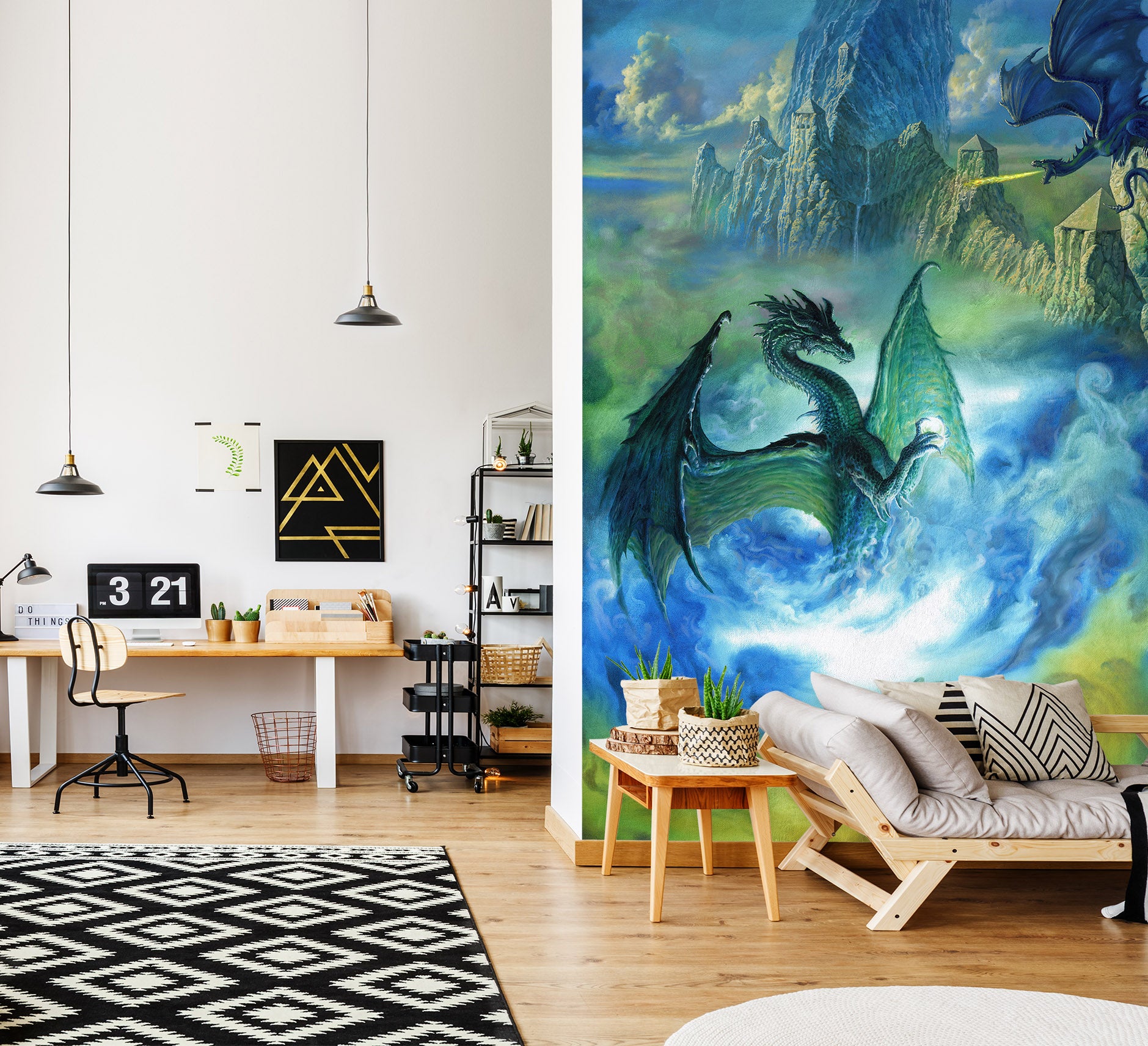 3D Mountains Blue Fog Dragon 7147 Ciruelo Wall Mural Wall Murals