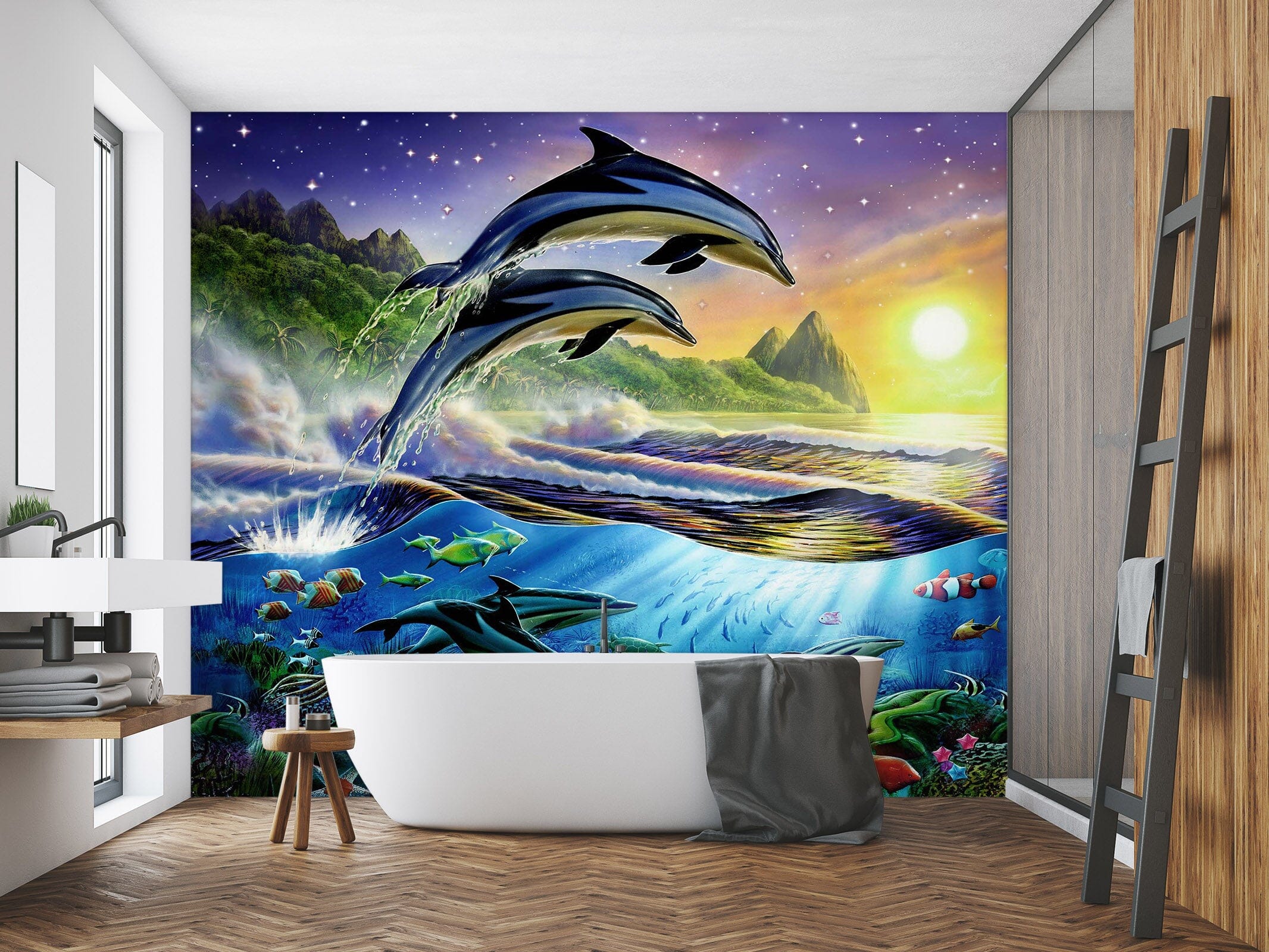 3D Sunset Dolphin 1399 Adrian Chesterman Wall Mural Wall Murals Wallpaper AJ Wallpaper 2 
