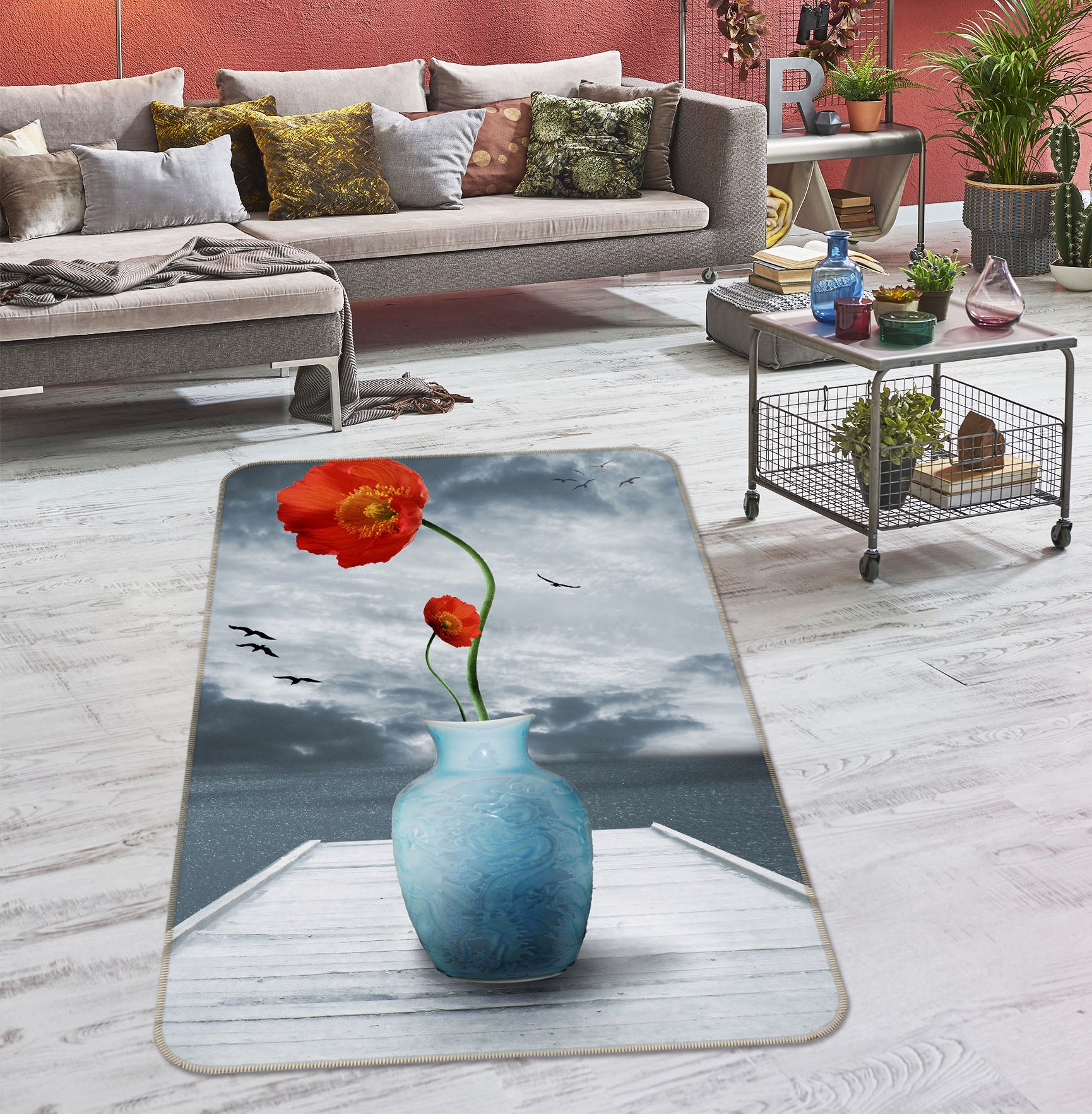 3D Red Flower Vase 33206 Non Slip Rug Mat