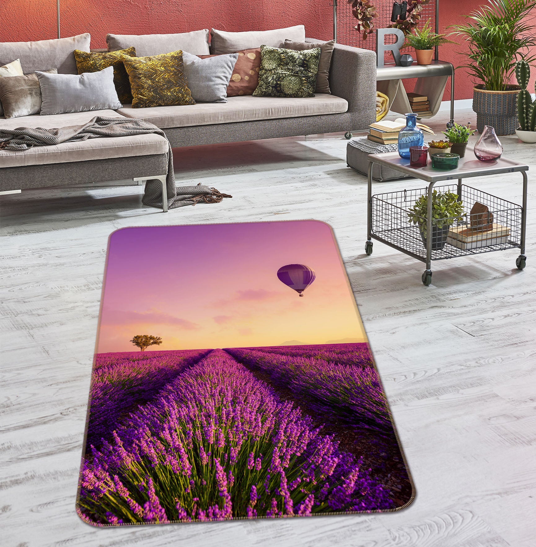 3D Lavender Flowers Hot Air Balloon 34191 Non Slip Rug Mat