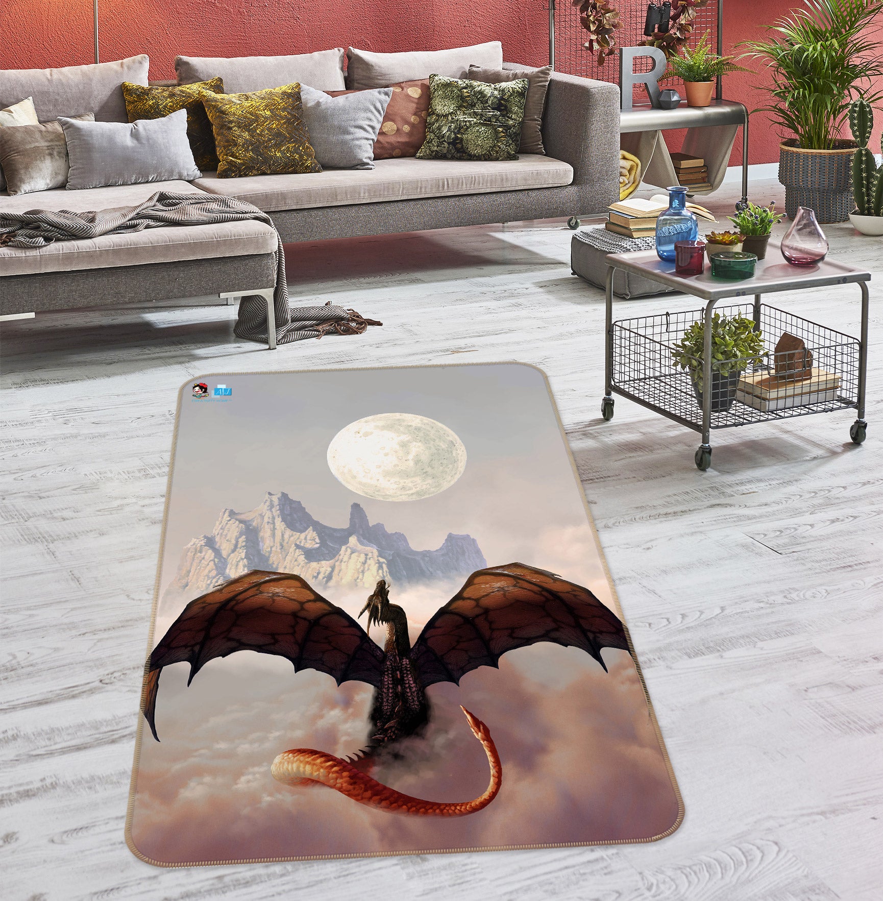 3D Mountain Cloud Moon Dragon 6027 Ciruelo Rug Non Slip Rug Mat