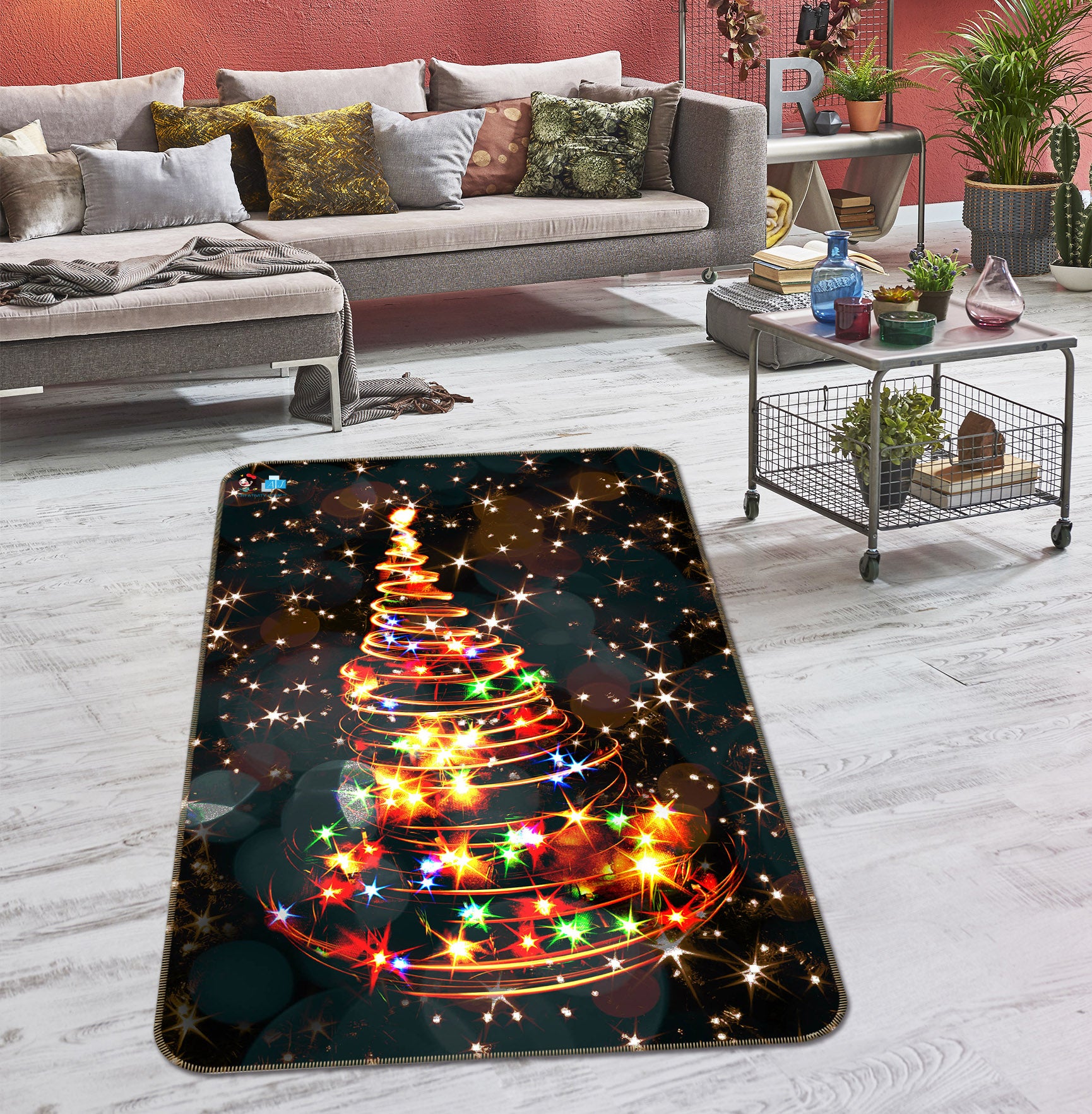 3D Colored Lights Tree 55149 Christmas Non Slip Rug Mat Xmas