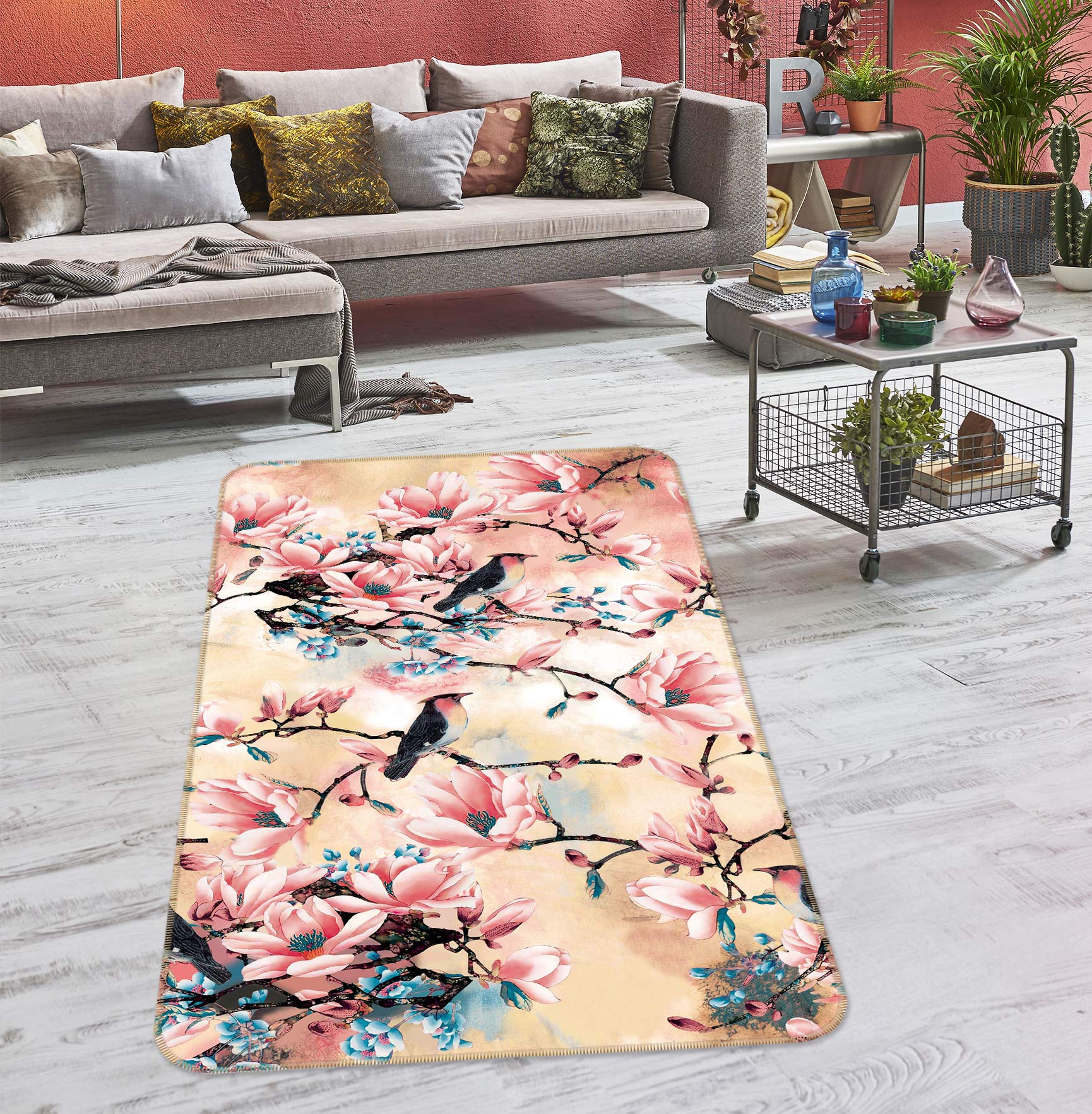 3D Flower Branch Bird 27010 Non Slip Rug Mat