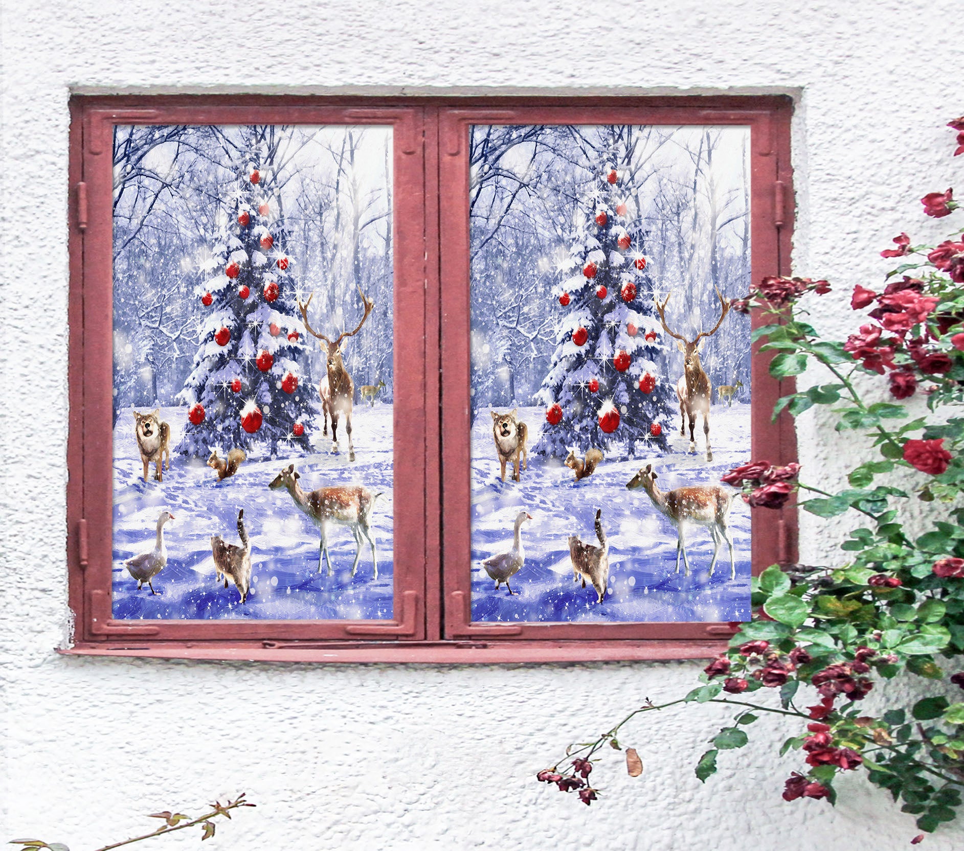 3D Snow Tree Deer 42184 Christmas Window Film Print Sticker Cling Stained Glass Xmas