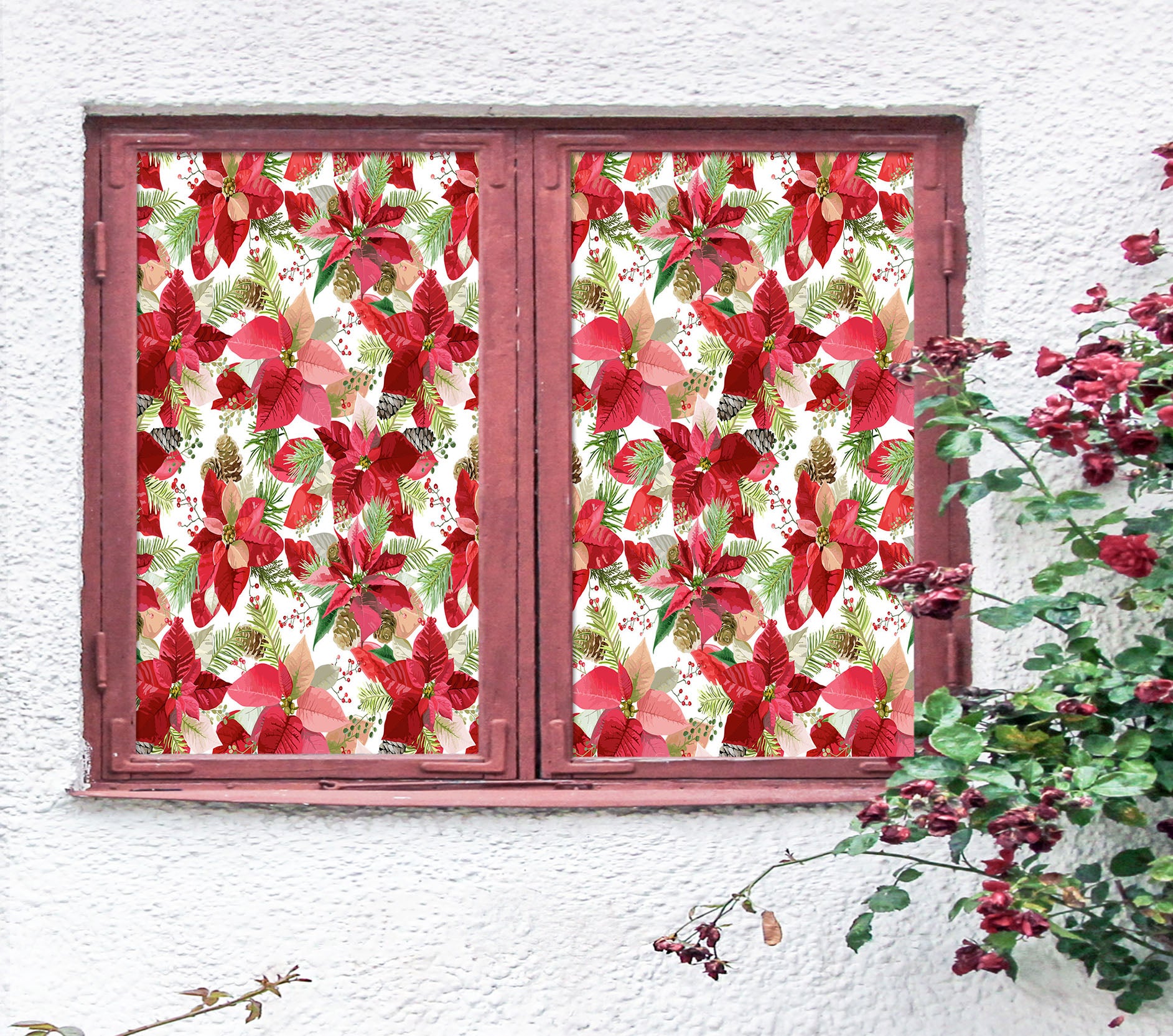 3D Red Flower Pattern 42200 Christmas Window Film Print Sticker Cling Stained Glass Xmas
