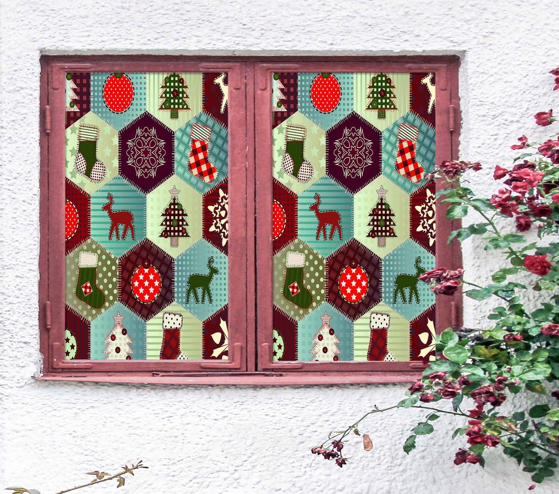 3D Hexagon Christmas Pattern 42193 Christmas Window Film Print Sticker Cling Stained Glass Xmas