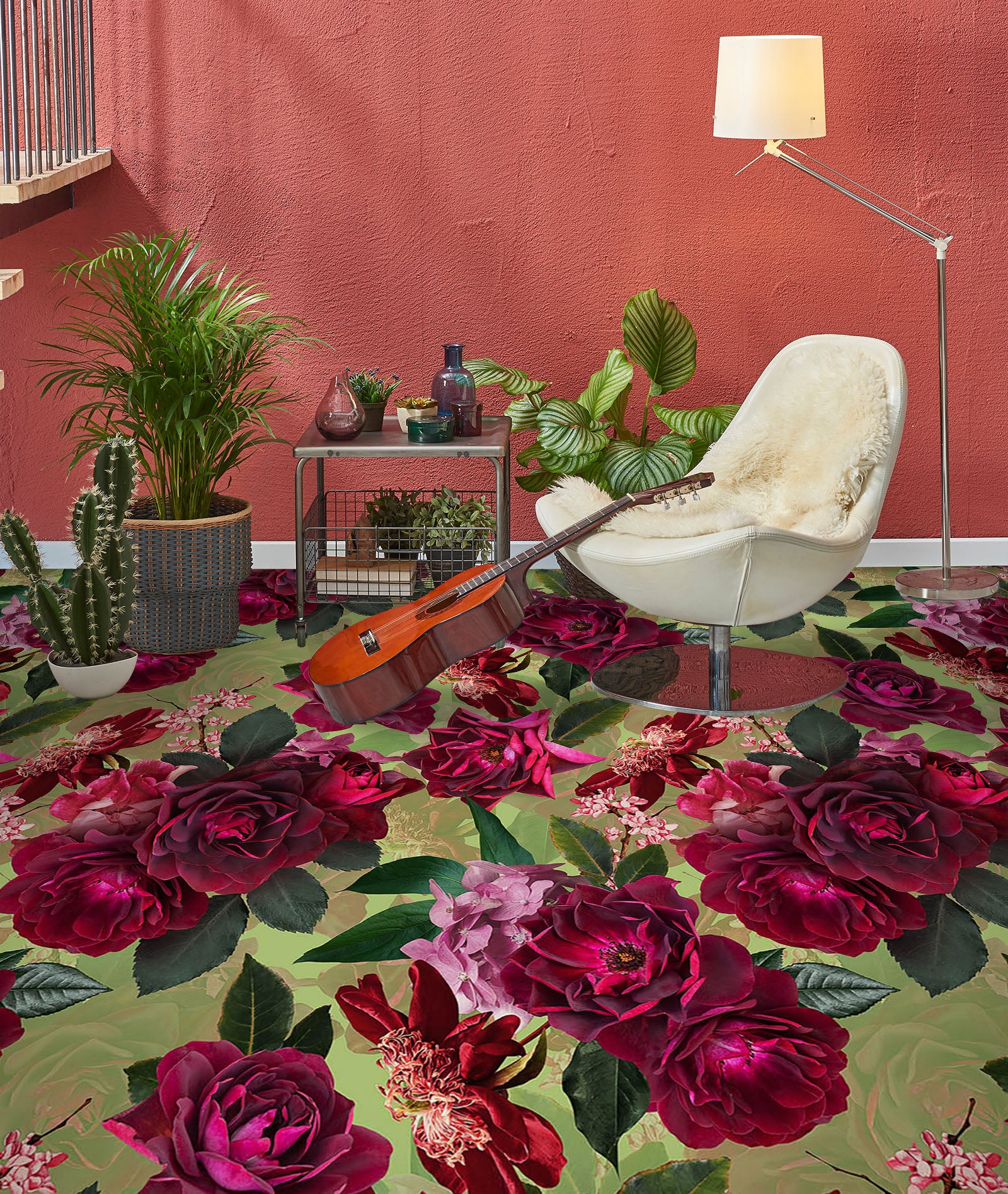 3D Red Flowers Pattern 10008 Uta Naumann Floor Mural