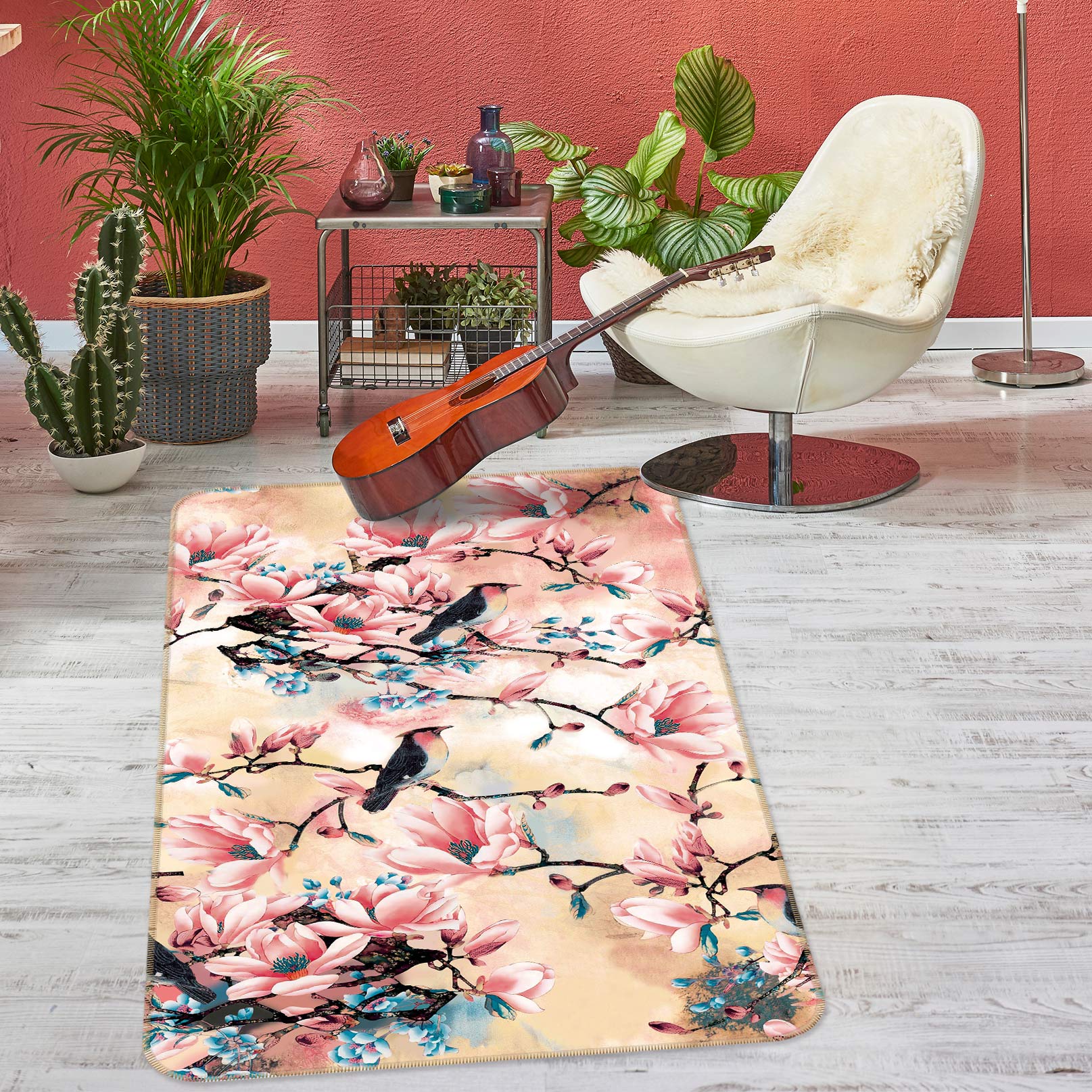 3D Flower Branch Bird 27010 Non Slip Rug Mat