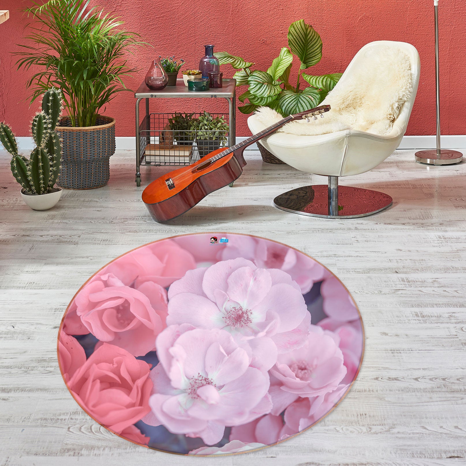 3D Gentle Pink Flower 7516 Assaf Frank Rug Round Non Slip Rug Mat