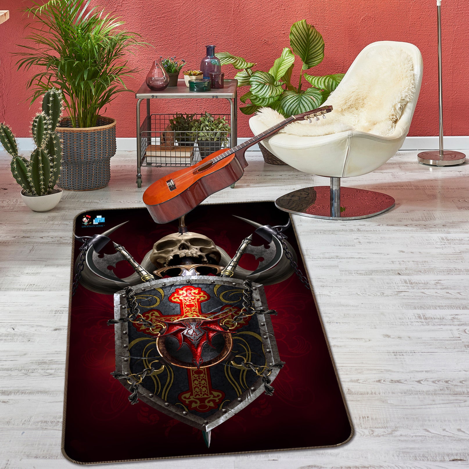 3D Metal Shield Skull 4139 Tom Wood Rug Non Slip Rug Mat