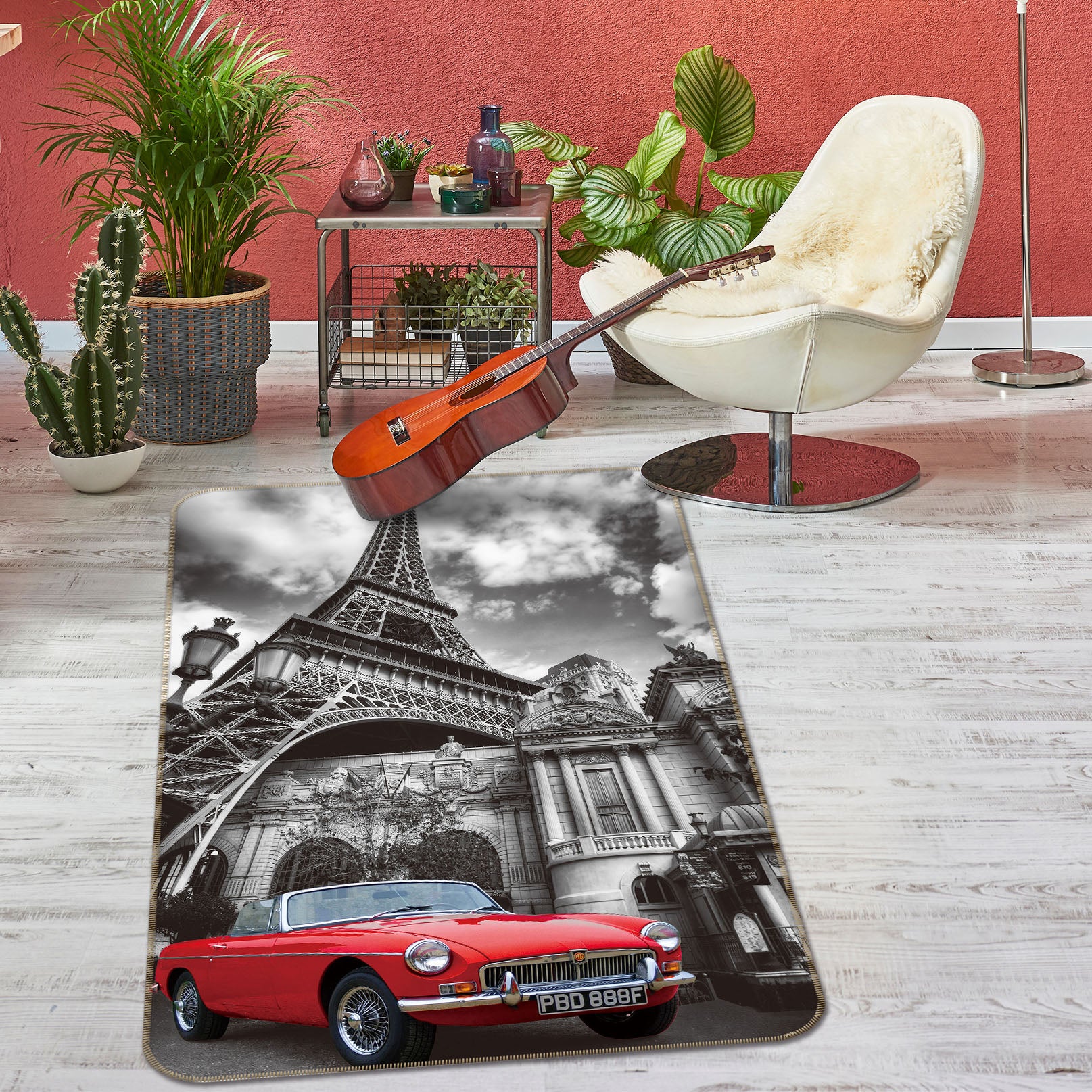 3D Red Car Eiffel Tower 42123 Vehicle Non Slip Rug Mat