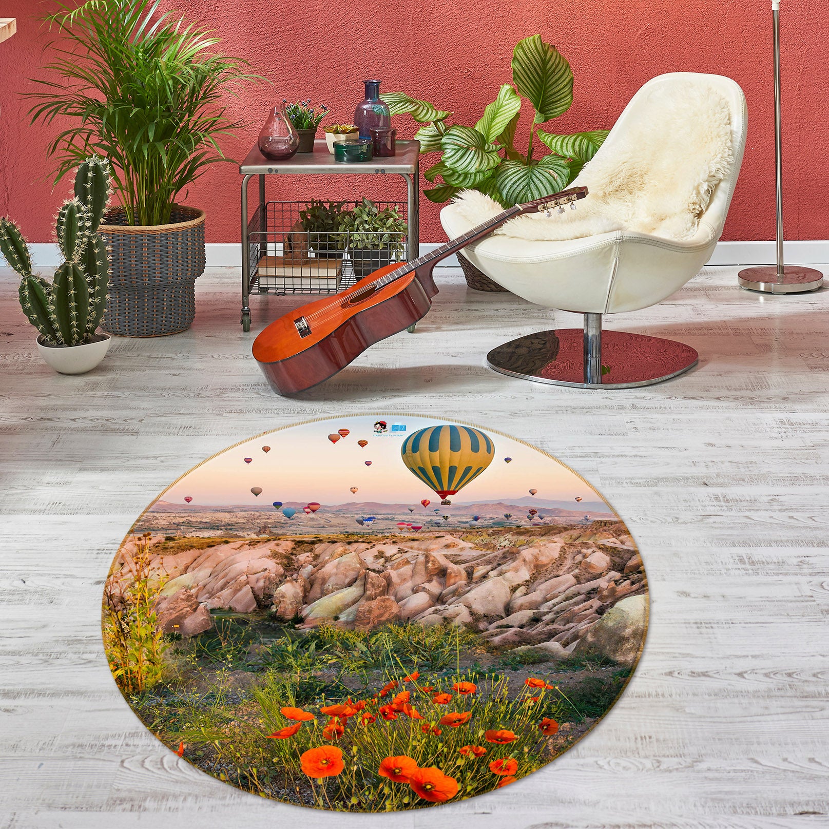 3D Hot Air Balloon Flower Bush 75038 Round Non Slip Rug Mat