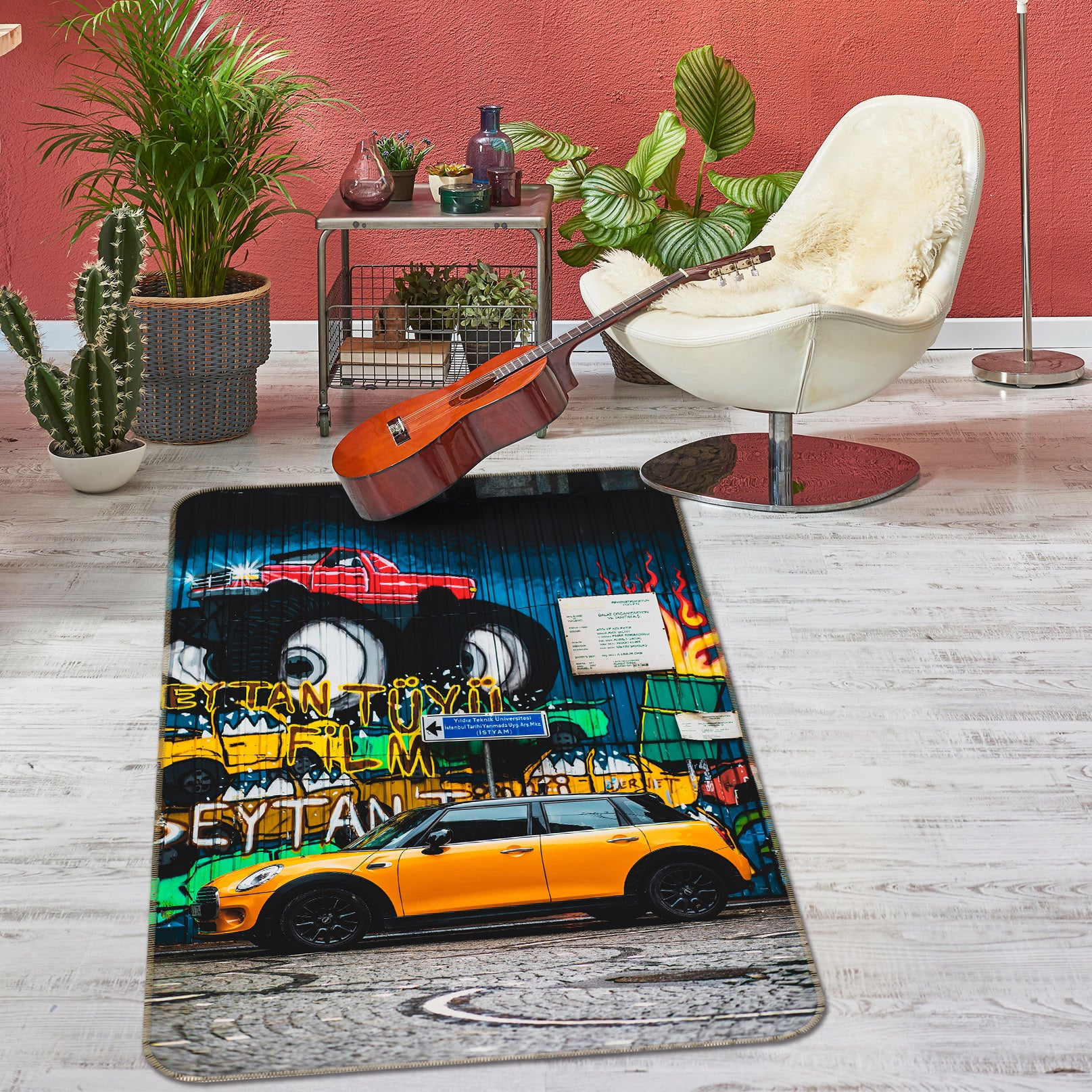 3D Graffiti Yellow Car 68133 Vehicle Non Slip Rug Mat