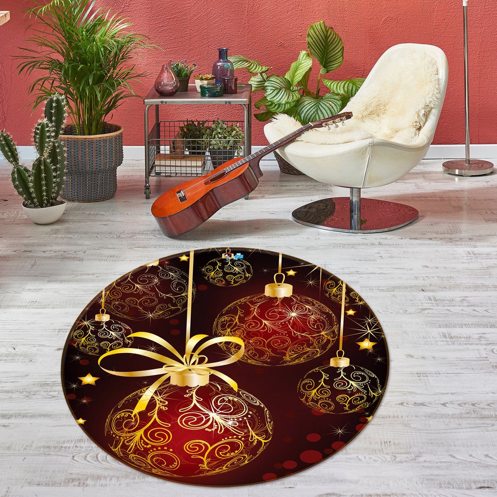 3D Golden Ball 54118 Christmas Round Non Slip Rug Mat Xmas