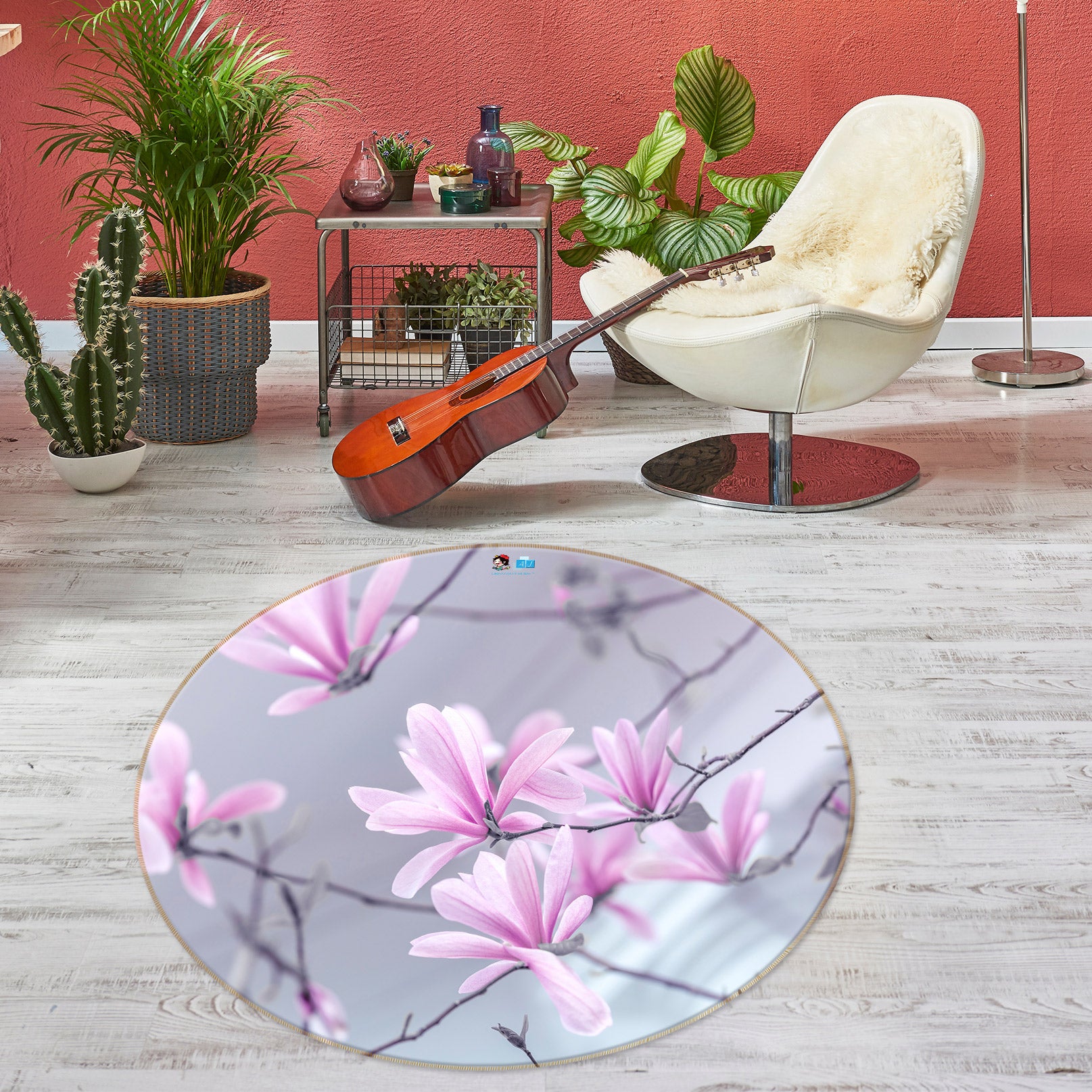 3D Pink Flower 7544 Assaf Frank Rug Round Non Slip Rug Mat