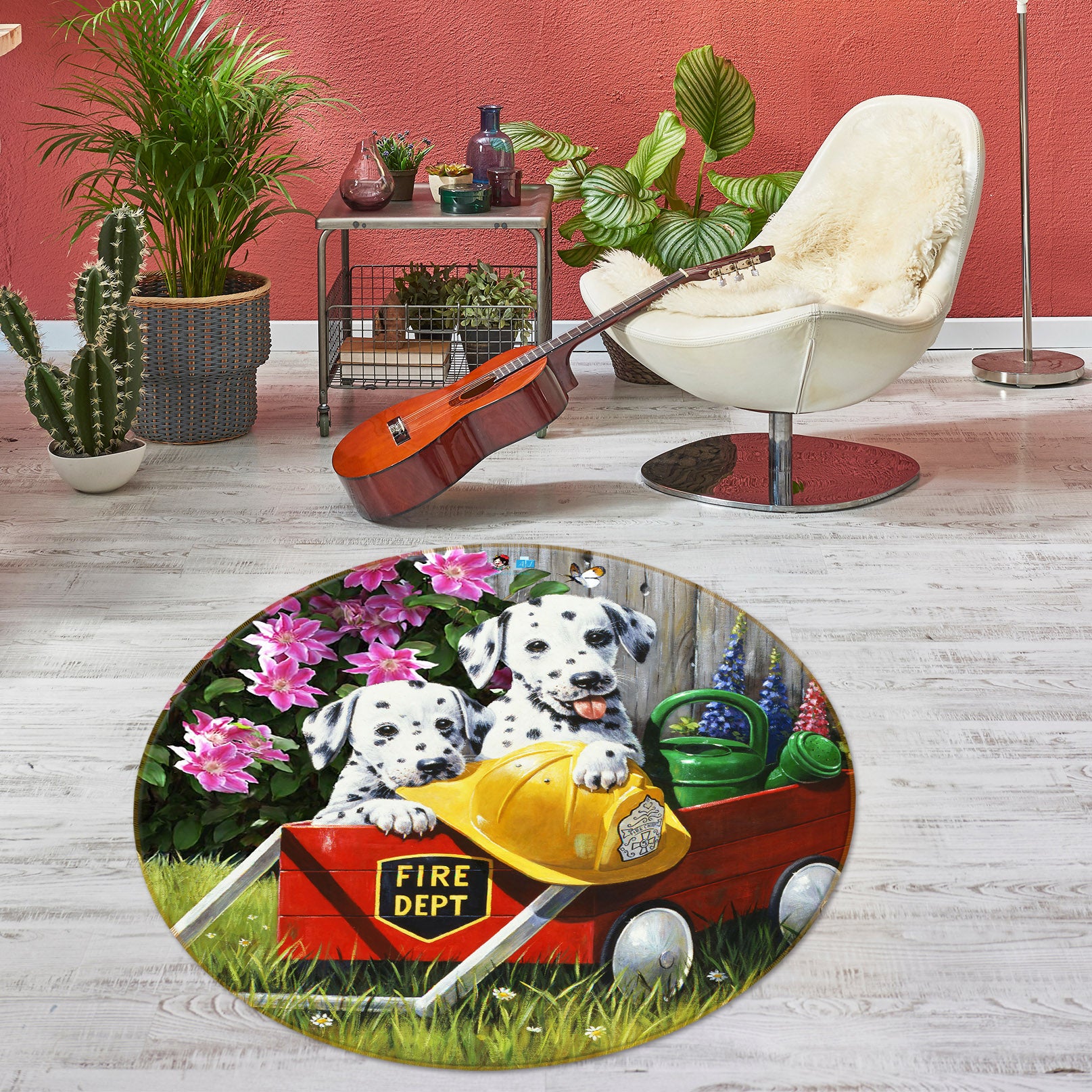 3D Dalmatian Flower 035 Kevin Walsh Rug Round Non Slip Rug Mat