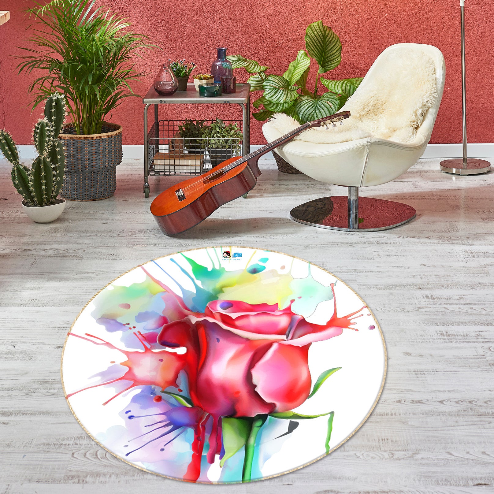 3D Watercolor Rose 74235 Round Non Slip Rug Mat