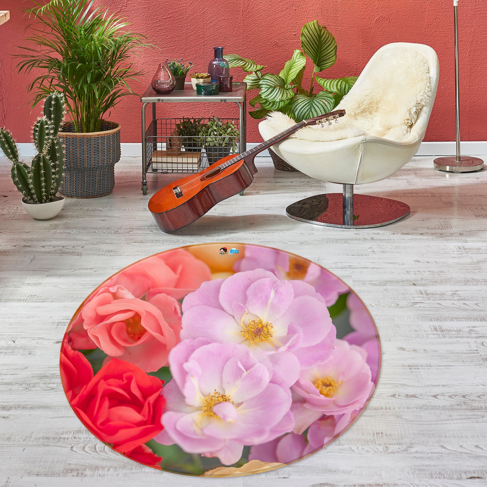 3D Pink Flower 7515 Assaf Frank Rug Round Non Slip Rug Mat