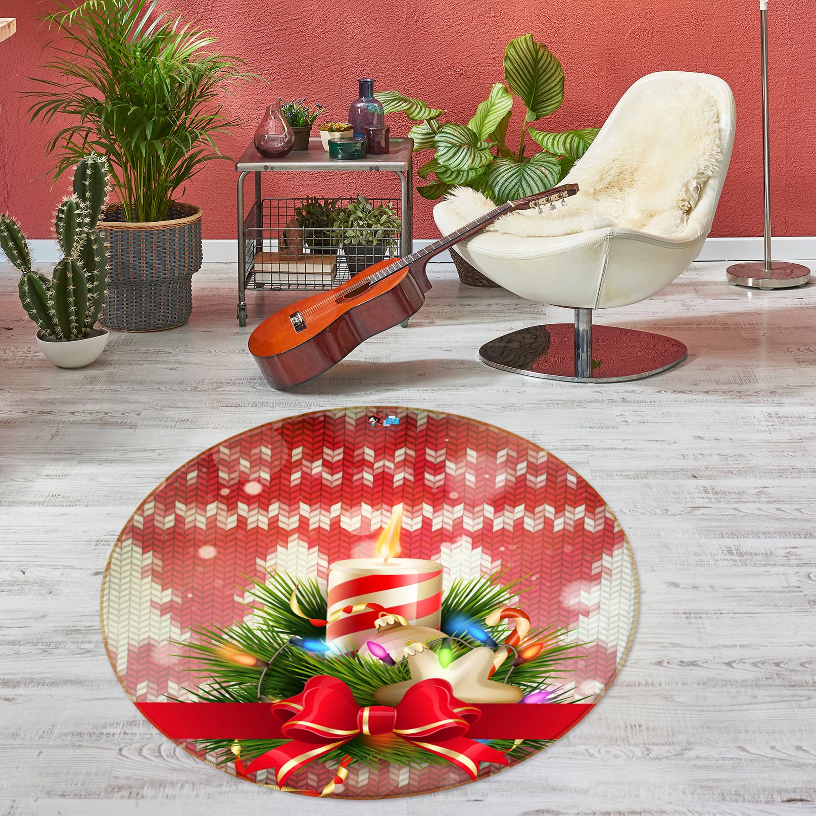 3D Candle Bow 54019 Christmas Round Non Slip Rug Mat Xmas