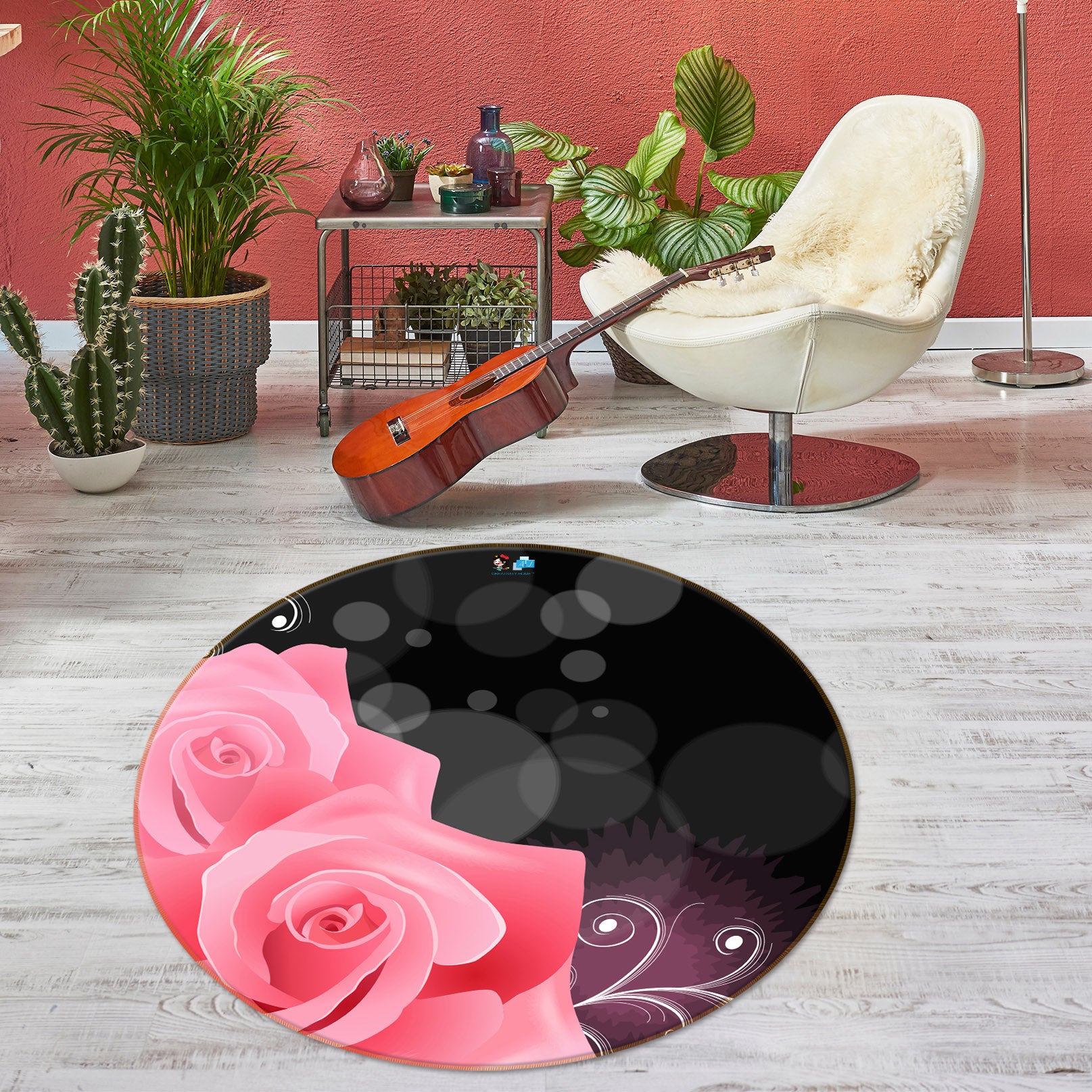 3D Pink Flower 74061 Round Non Slip Rug Mat