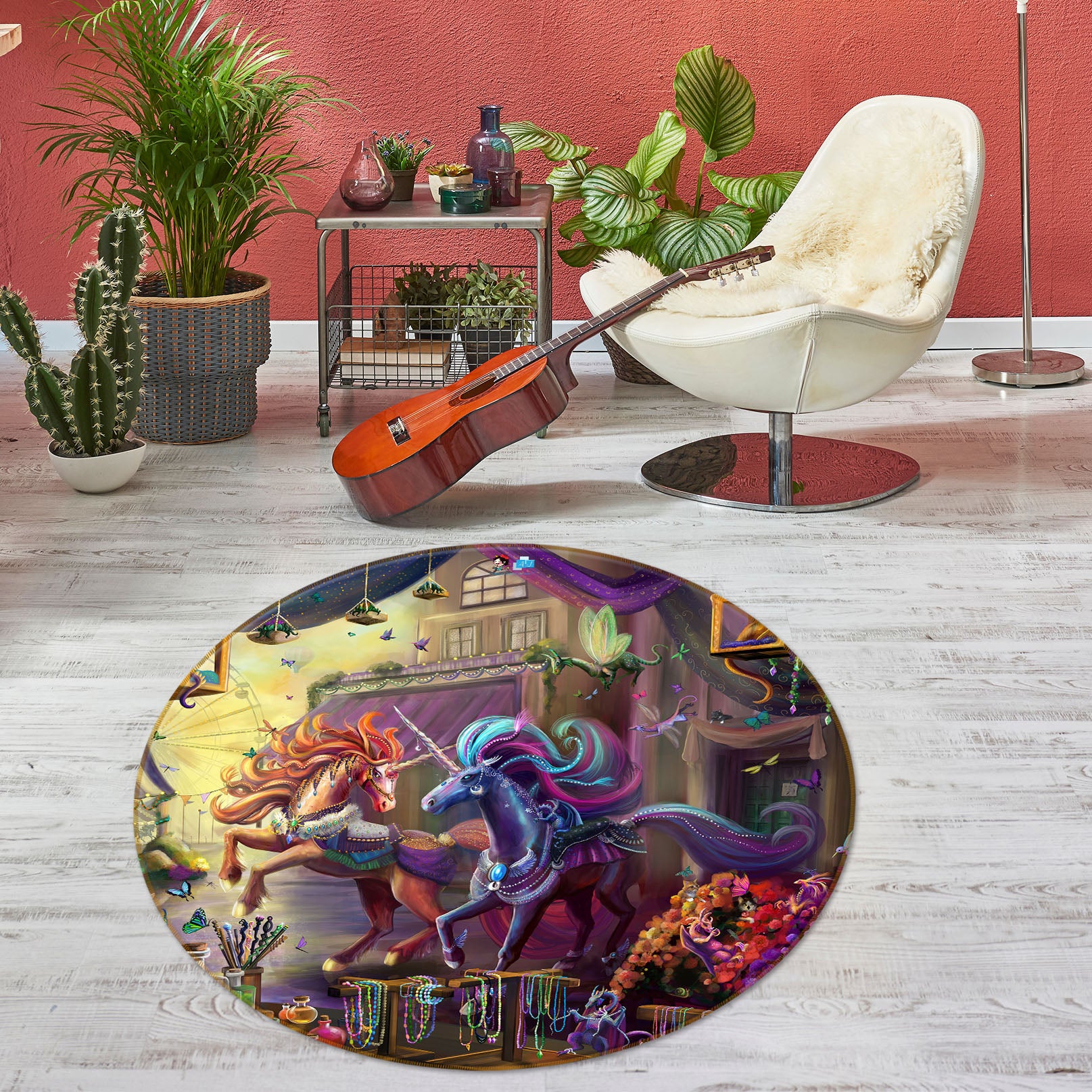 3D Two Colorful Unicorns 83177 Rose Catherine Khan Rug Round Non Slip Rug Mat