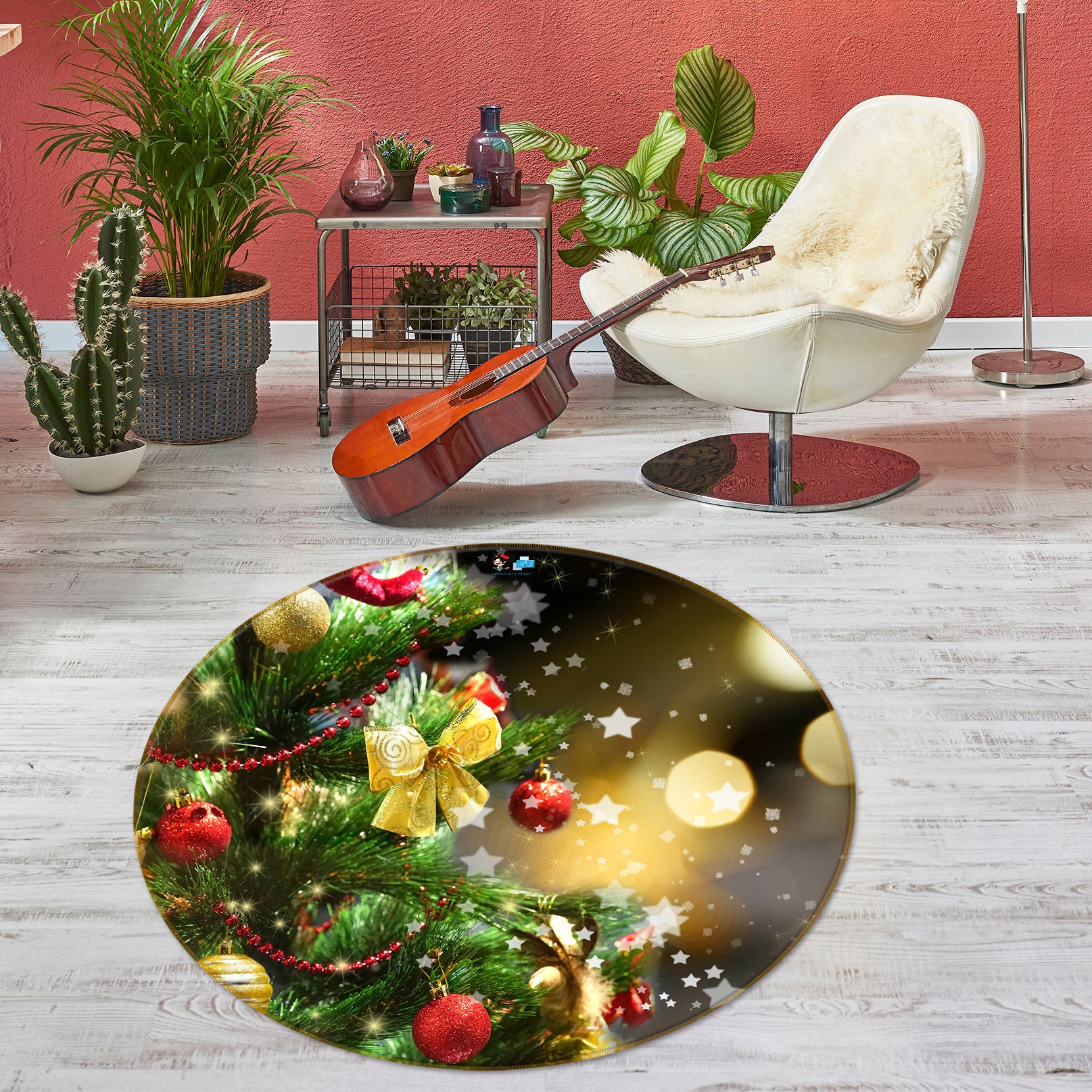 3D Tree Golden Bow 54191 Christmas Round Non Slip Rug Mat Xmas