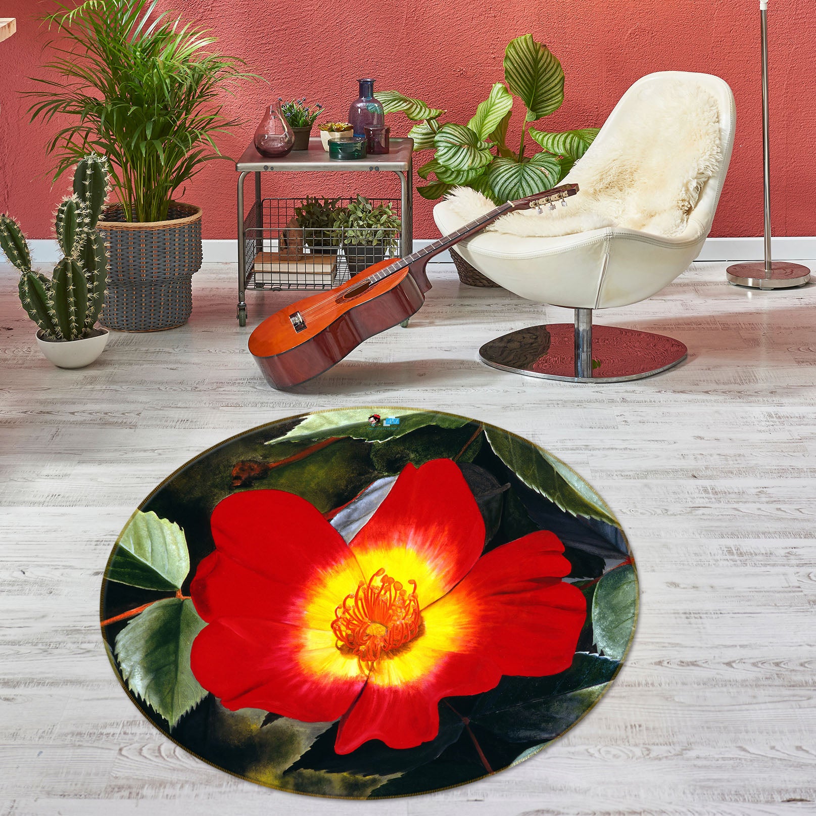 3D Red Flowers 11095 Matthew Holden Bates Rug Round Non Slip Rug Mat