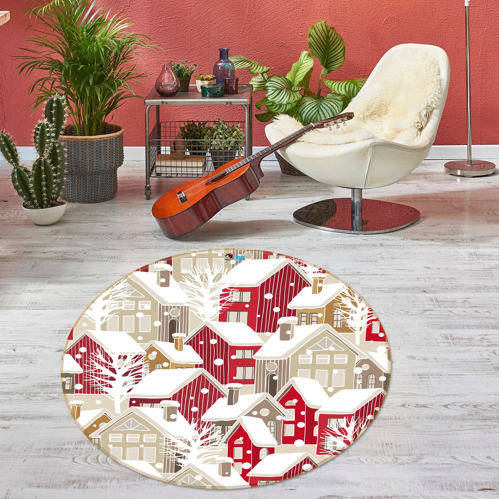 3D Snow Red House 54174 Christmas Round Non Slip Rug Mat Xmas