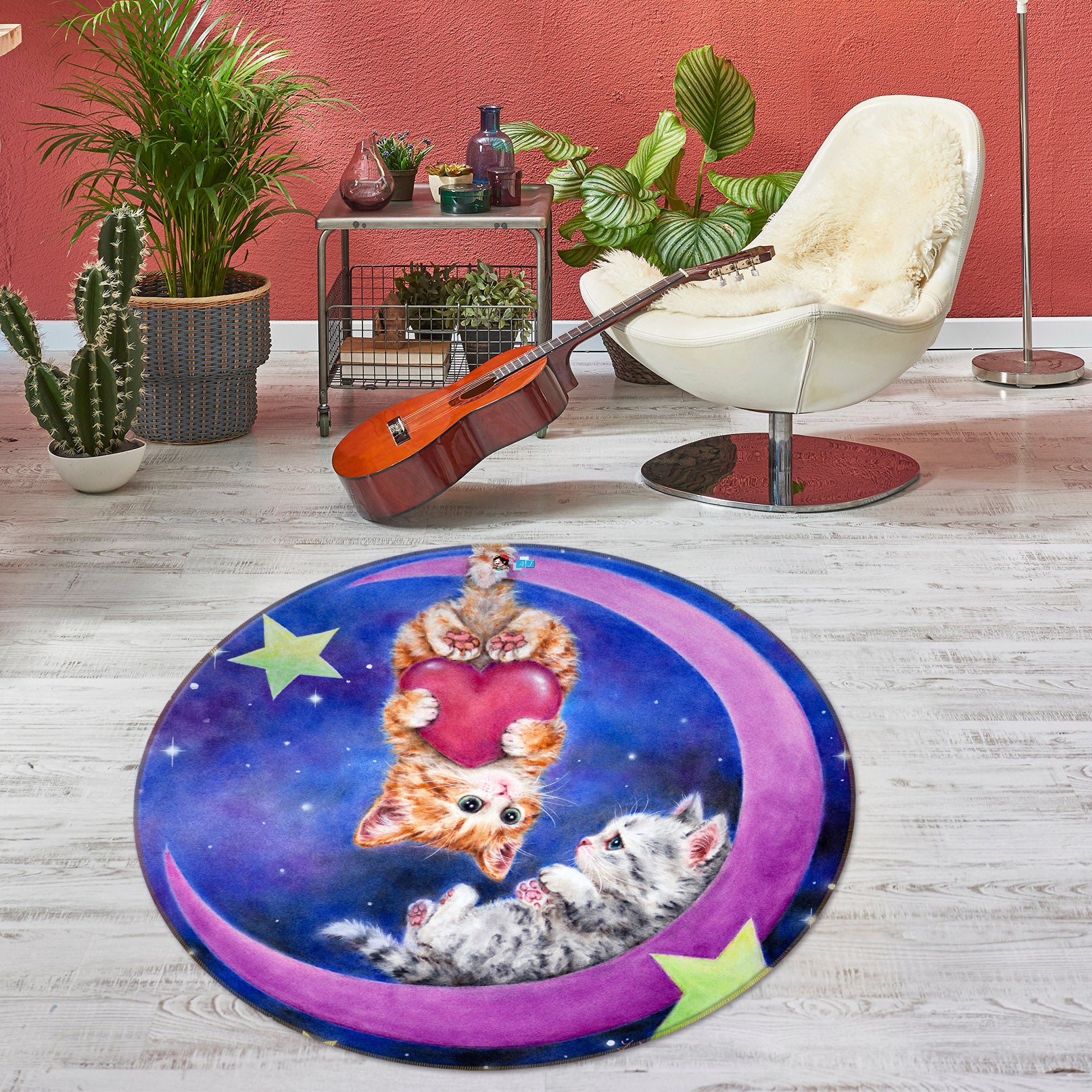 3D Moon Love Cat 6058 Kayomi Harai Rug Round Non Slip Rug Mat