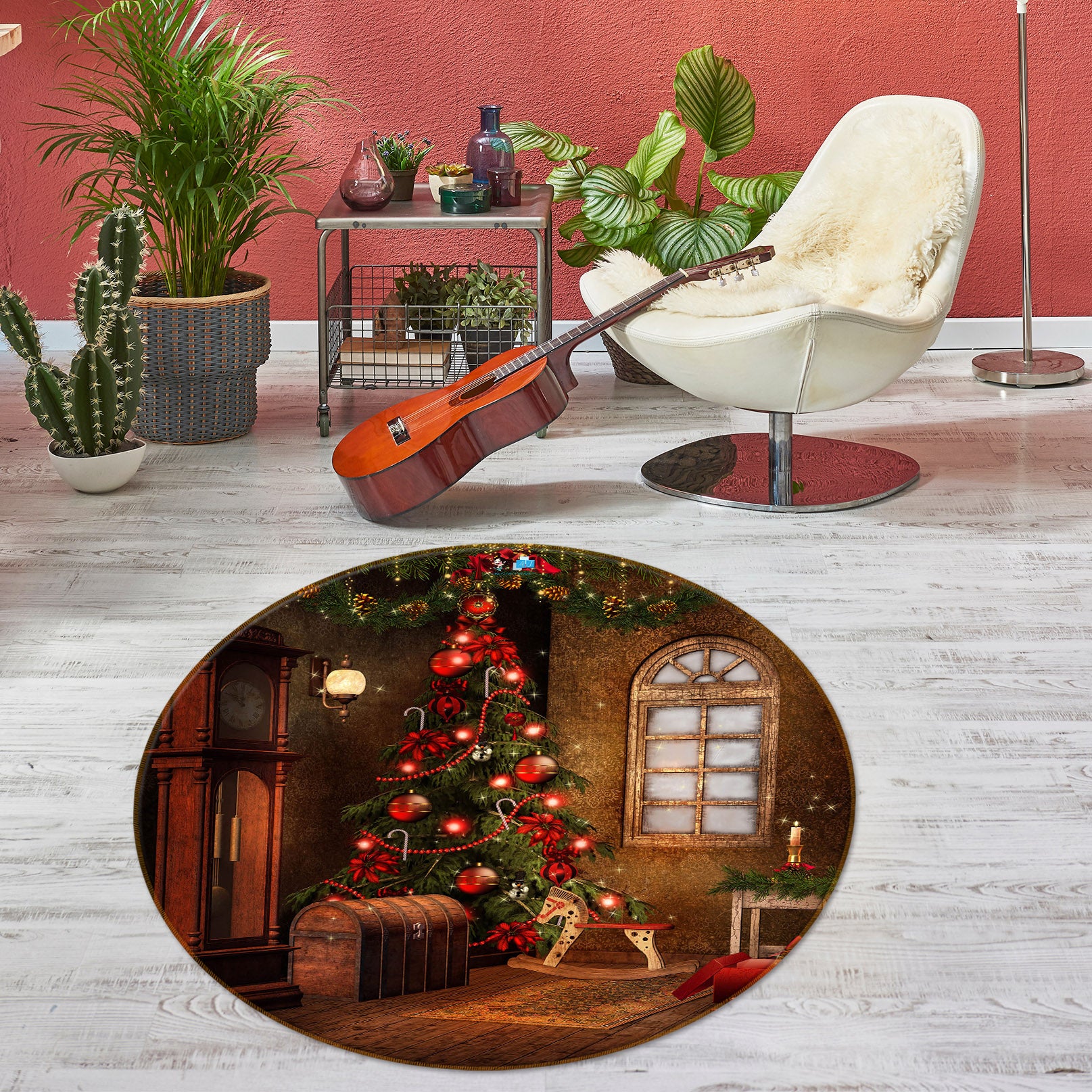 3D Tree Window 54121 Christmas Round Non Slip Rug Mat Xmas