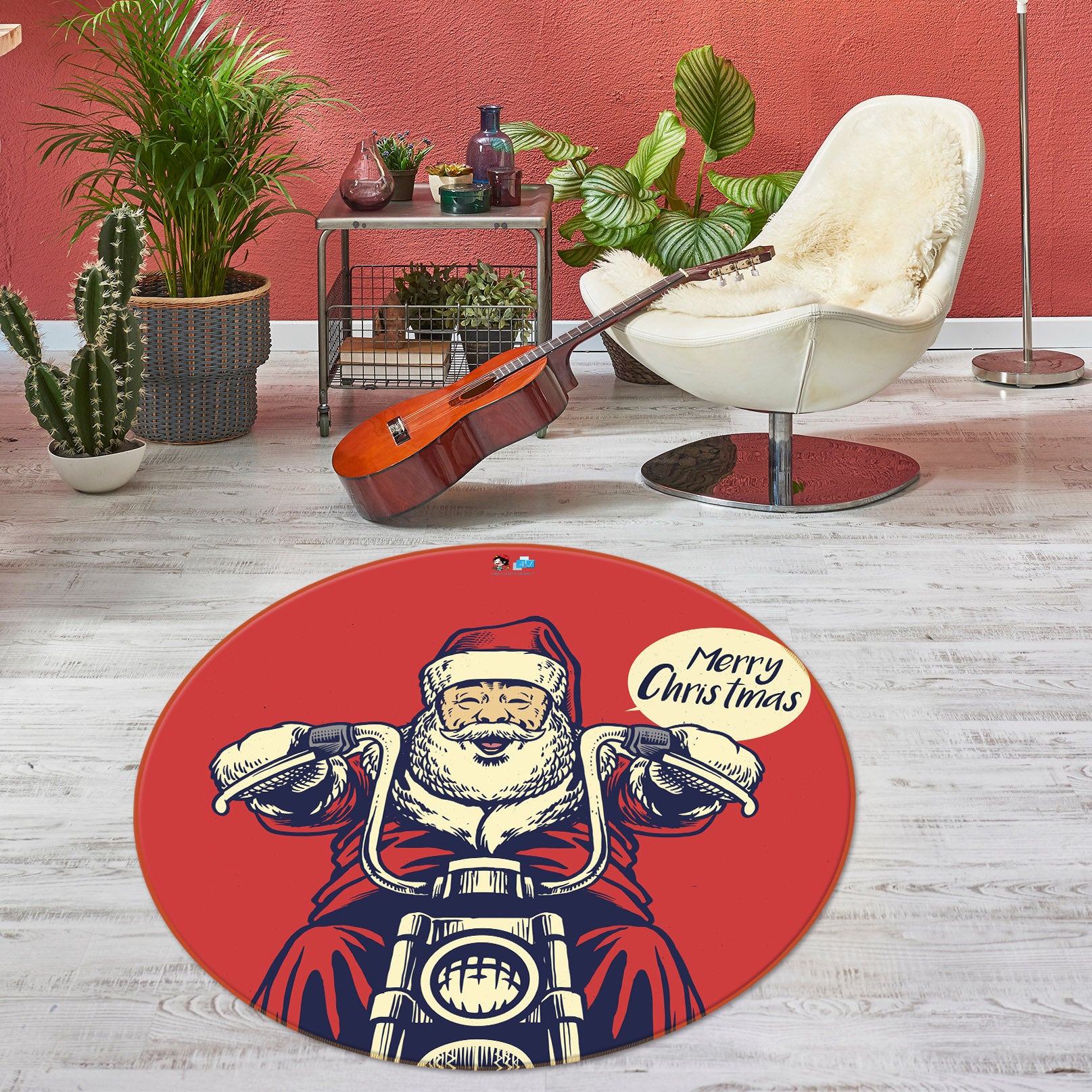 3D Motorcycle Santa 74273 Round Non Slip Rug Mat