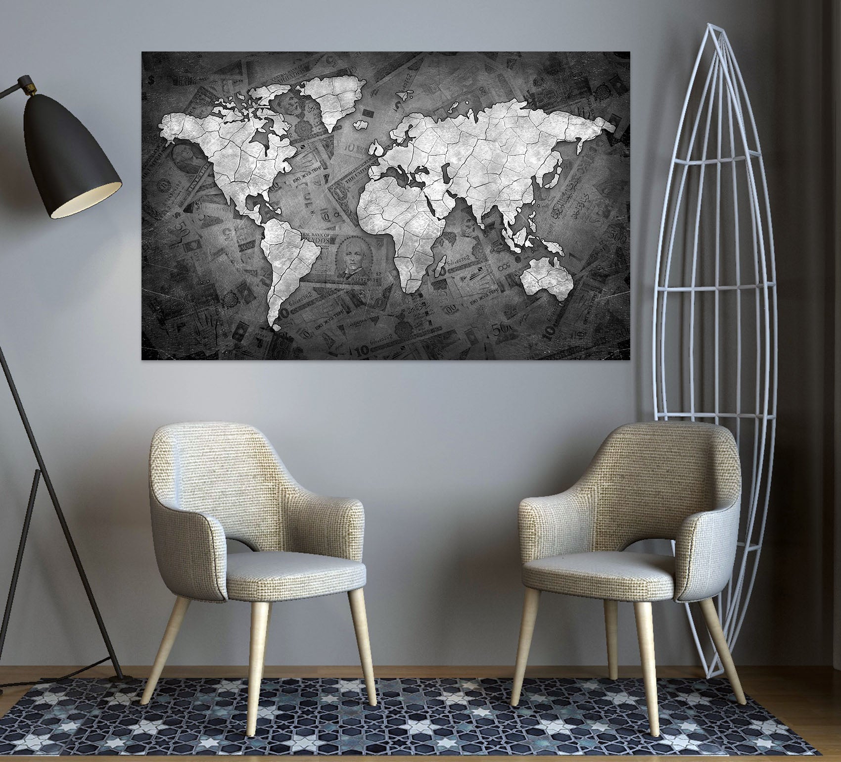 3D White Clouds 109 World Map Wall Sticker