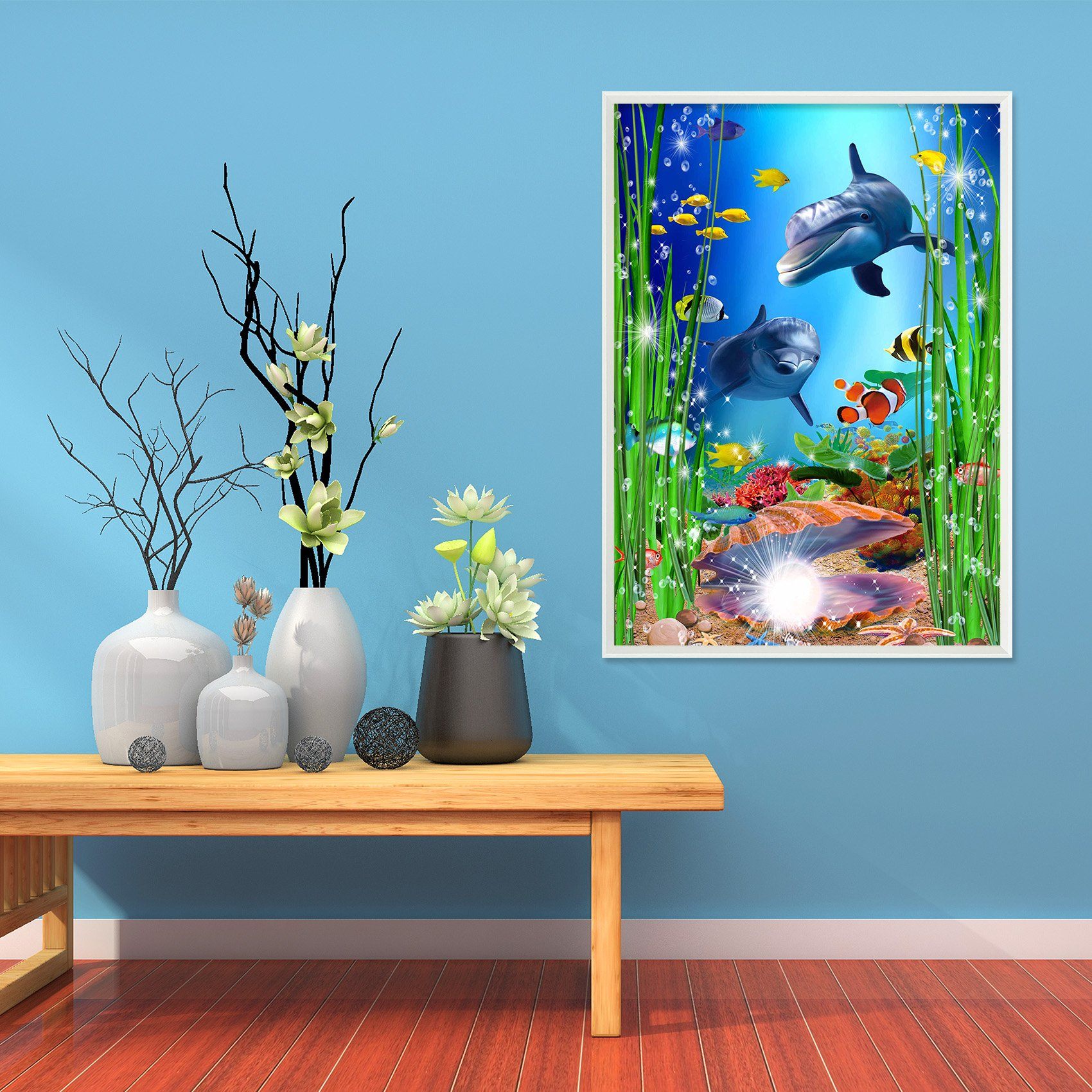 3D Docile Dolphins 062 Fake Framed Print Painting Wallpaper AJ Creativity Home 