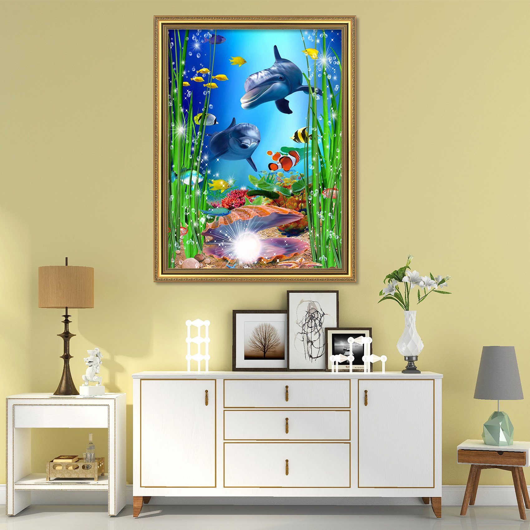 3D Docile Dolphins 062 Fake Framed Print Painting Wallpaper AJ Creativity Home 
