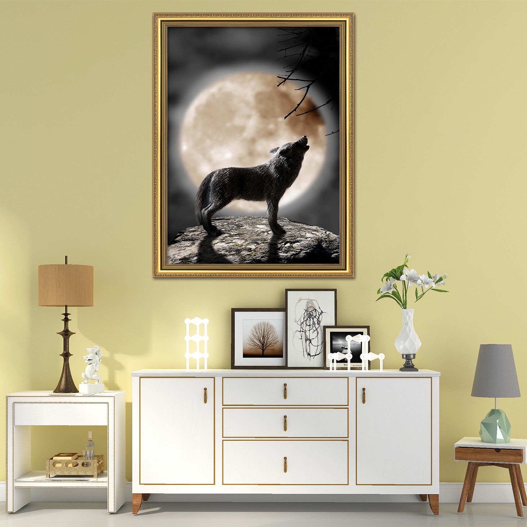3D Wolf Calling 054 Fake Framed Print Painting Wallpaper AJ Creativity Home 