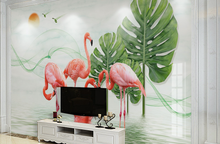 3D Flamingo Leaves WG239 Wall Murals