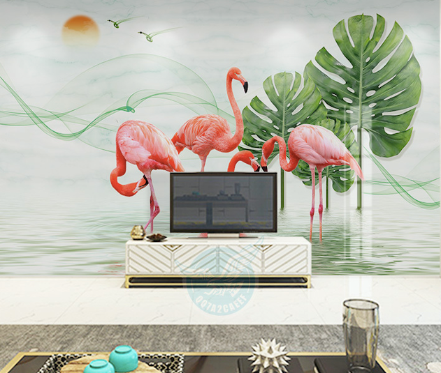 3D Flamingo Leaves WG239 Wall Murals