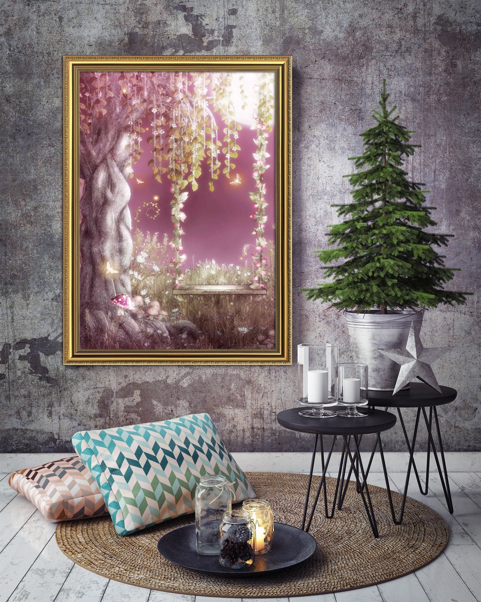 3D Moon Swing 002 Fake Framed Print Painting Wallpaper AJ Creativity Home 