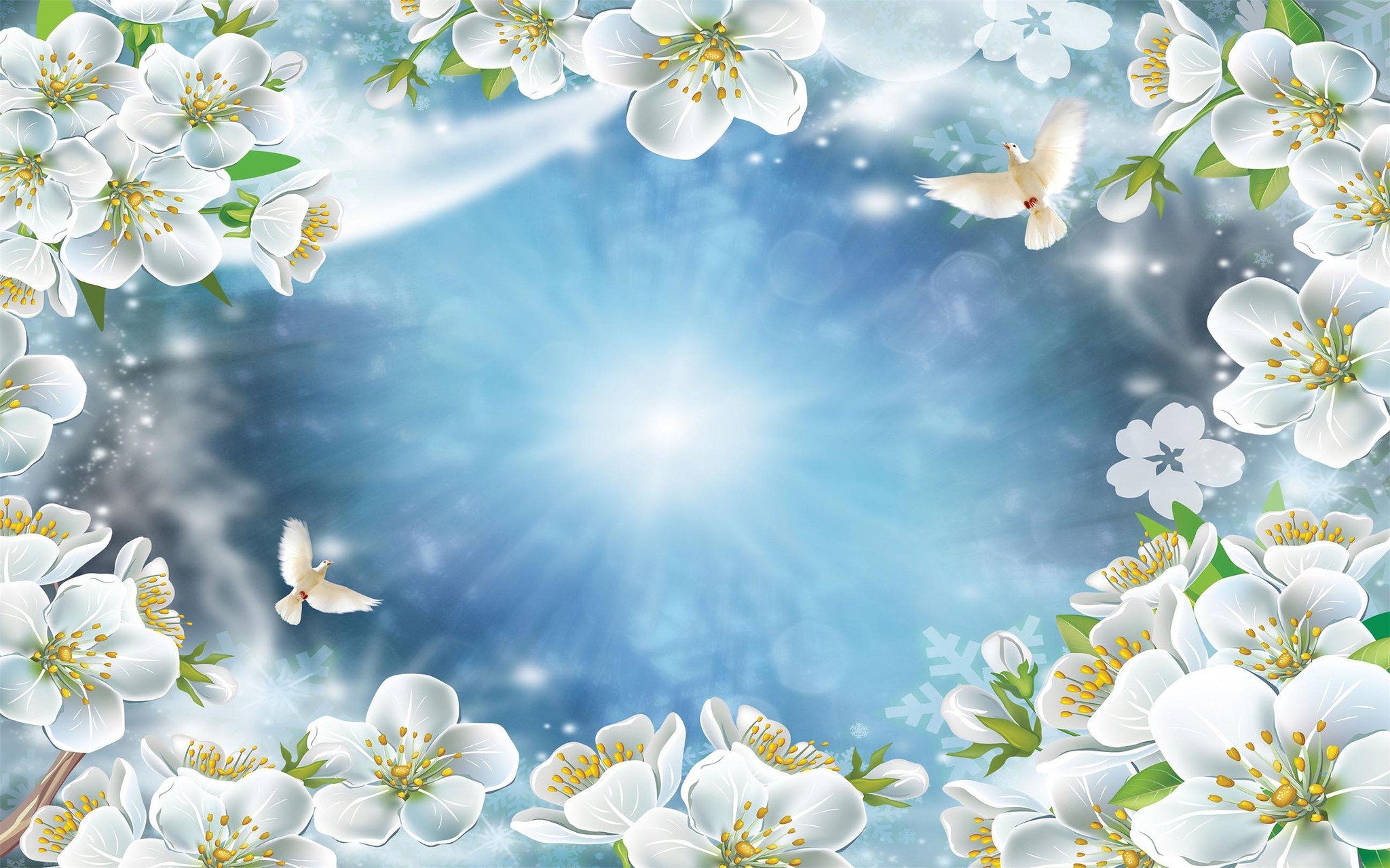 Blue Sky Flowers Birds Wallpaper AJ Wallpaper 