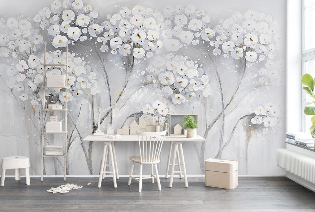 3D Painting White Flowers WC381 Wall Murals