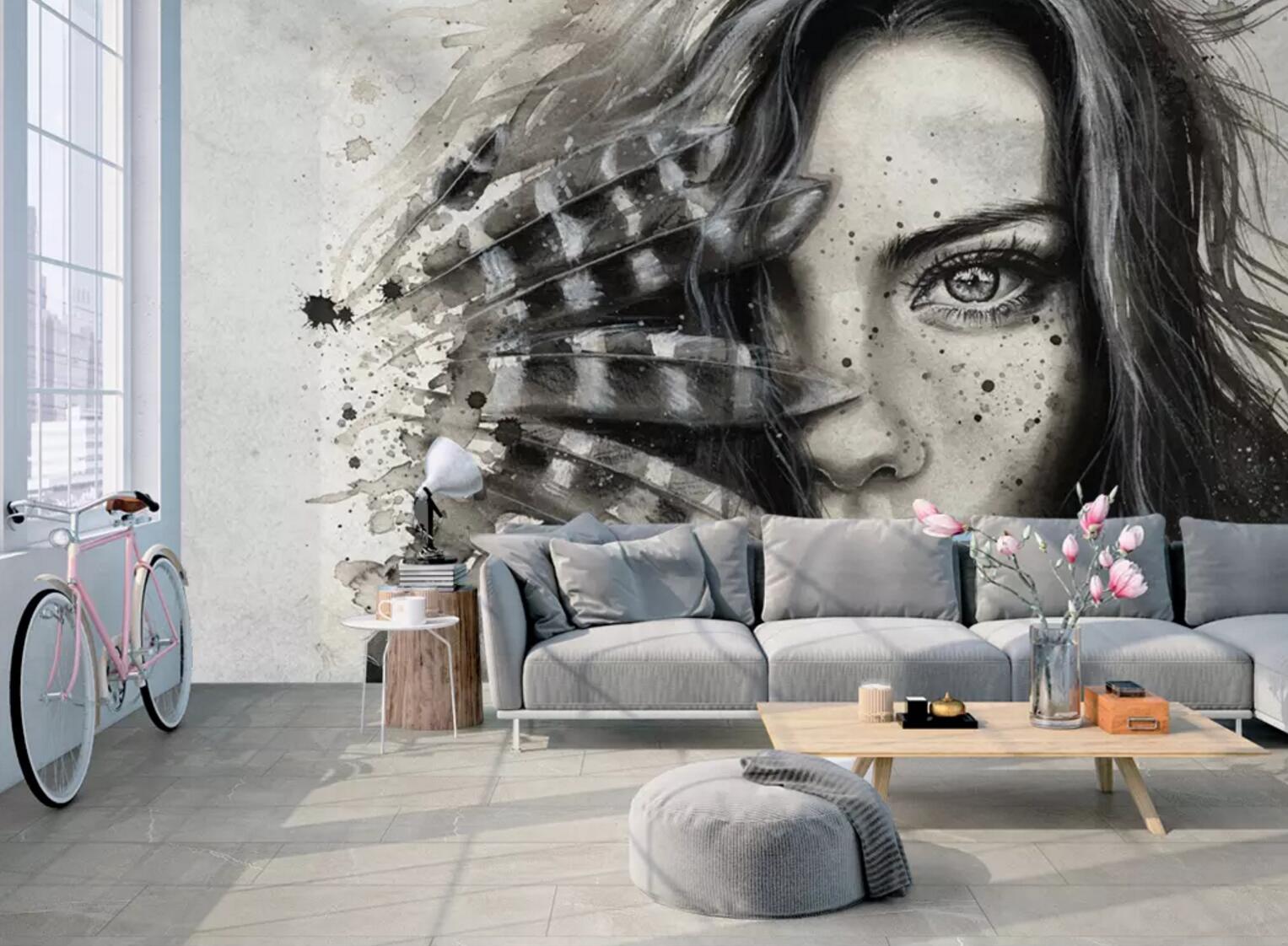 3D Woman Feather Fan WC666 Wall Murals